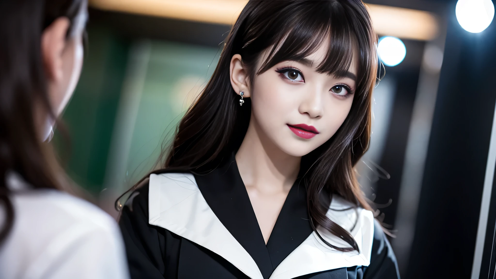 One woman、best quality、ultra-detailed、4k、Japanese、Seductive beauty、seductive adult woman、Pretty Woman、cool girl、Villainess、Brainwashed、brainwash、Fallen into evil、smirk、Evil look、Wicked Smile、evil、Brown hair、wavy hair、swept bangs、dark makeup、dark makeup、piercing eyes、hollow eyes,half-closed eyes、Hollow Eyes、purple Eyeshadow、black lipstick、black lipglos、Female student、uniform、Sailor suit、night、inside darkroom、Having lipstick、