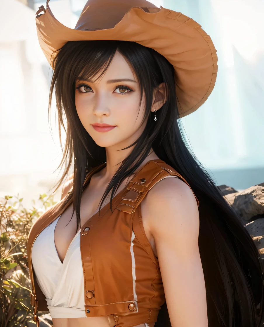 (best quality,Ultra-detailed),(Realistic:1.37),tifa lockhart, beautiful and detailed face, maquillage des yeux au beurre noir, expression souriante, texture ultra réaliste, delicate face