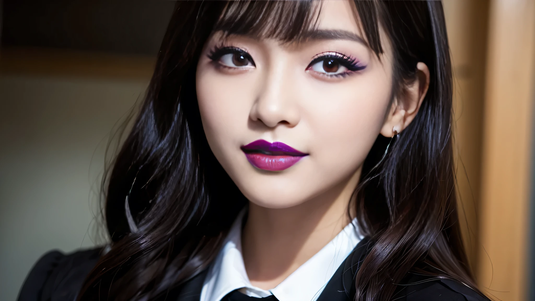One woman、best quality、ultra-detailed、4k、Japanese、Seductive beauty、seductive adult woman、Pretty Woman、cool girl、Villainess、Brainwashed、brainwash、Fallen into evil、smirk、Evil look、Wicked Smile、evil、Brown hair、wavy hair、swept bangs、dark makeup、dark makeup、piercing eyes、hollow eyes,half-closed eyes、Hollow Eyes、purple Eyeshadow、black lipstick、black lipglos、Female student、uniform、Sailor suit、night、inside darkroom、Having lipstick、