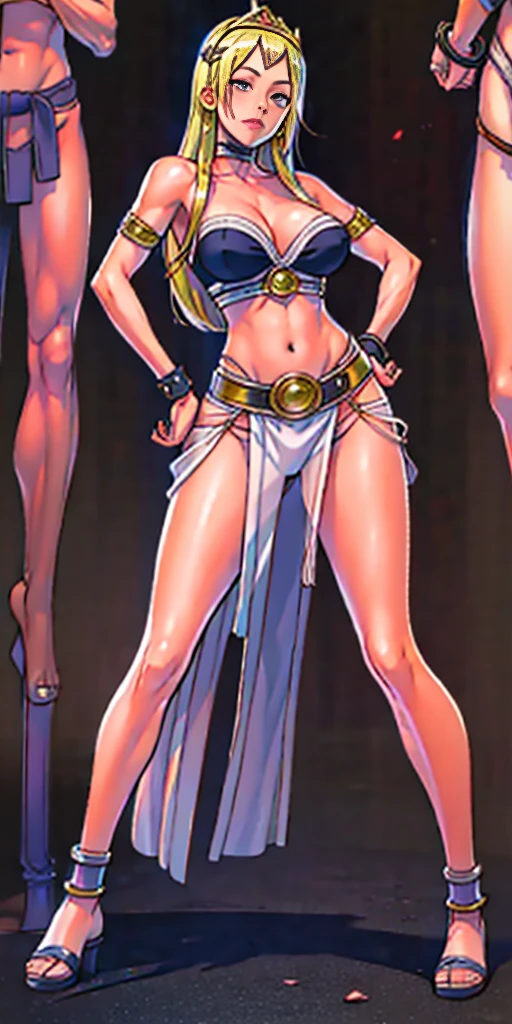 full body, whole body. 1solo (girl). slave fighter, loincloth standing, hands on hips full body, whole body. 1solo (girl). slave fighter, loincloth standing, hands on hips, metal sandals, backpack, choker, big belt, view from below, feet together, bracers, tiara