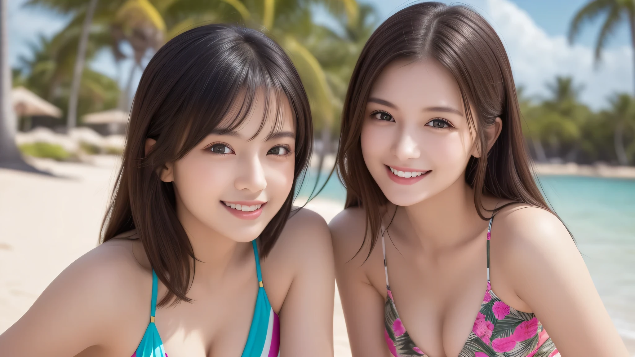 (2girl), (ultimate beautiful girl), (cute face), (Happiness, the smile of a goddess), cleavage, (Best Quality:1.4), (Ultra-detailed), (extremely detailed beautiful face:1.2), (highly detailed Beautiful face), (extremely detailed CG unified 8k wallpaper), High-definition raw color photos, Professional Photography, Extremely high resolution, fashionable, Highly detailed, bikini, beach, palm trees,