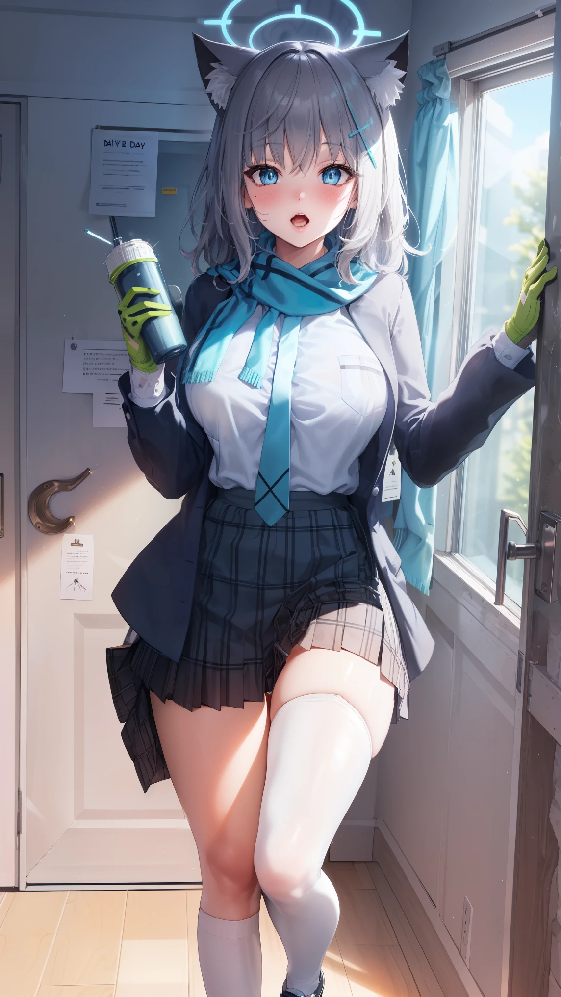 High school girl with silver hair ponytail、Green plaid skirt、white blouse and green tie、white stockings、White garter belt、、Ecstatic look、Pointed mouth、red blush,(no panties),pussy juice,pussy,vagina、(touch the clitoris)、‎Classroom、Shot from below