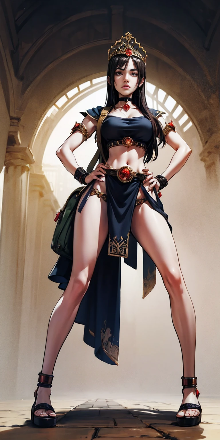 full body, whole body. 1solo (girl). slave fighter, loincloth standing, hands on hips full body, whole body. 1solo (girl). slave fighter, loincloth standing, hands on hips, metal sandals, backpack, choker, big belt, view from below, feet together, bracers, tiara