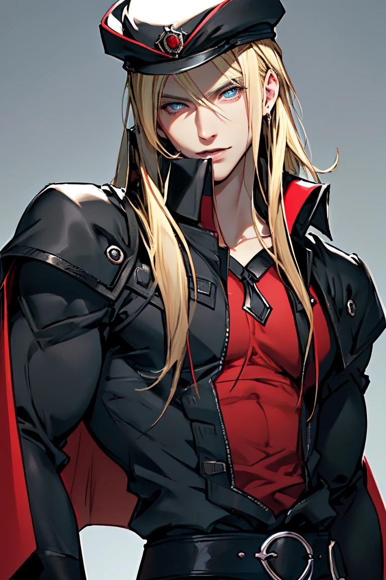 (Masterpiece, hiquality, Best Quality), (((solo))), Mature man,  (((blond length hair))), blue eyes, short blonde hair, ((pale skin)), blue eyes, color background, , black hat, black cape, (((red shirt))), Detailed outfit, Detailed