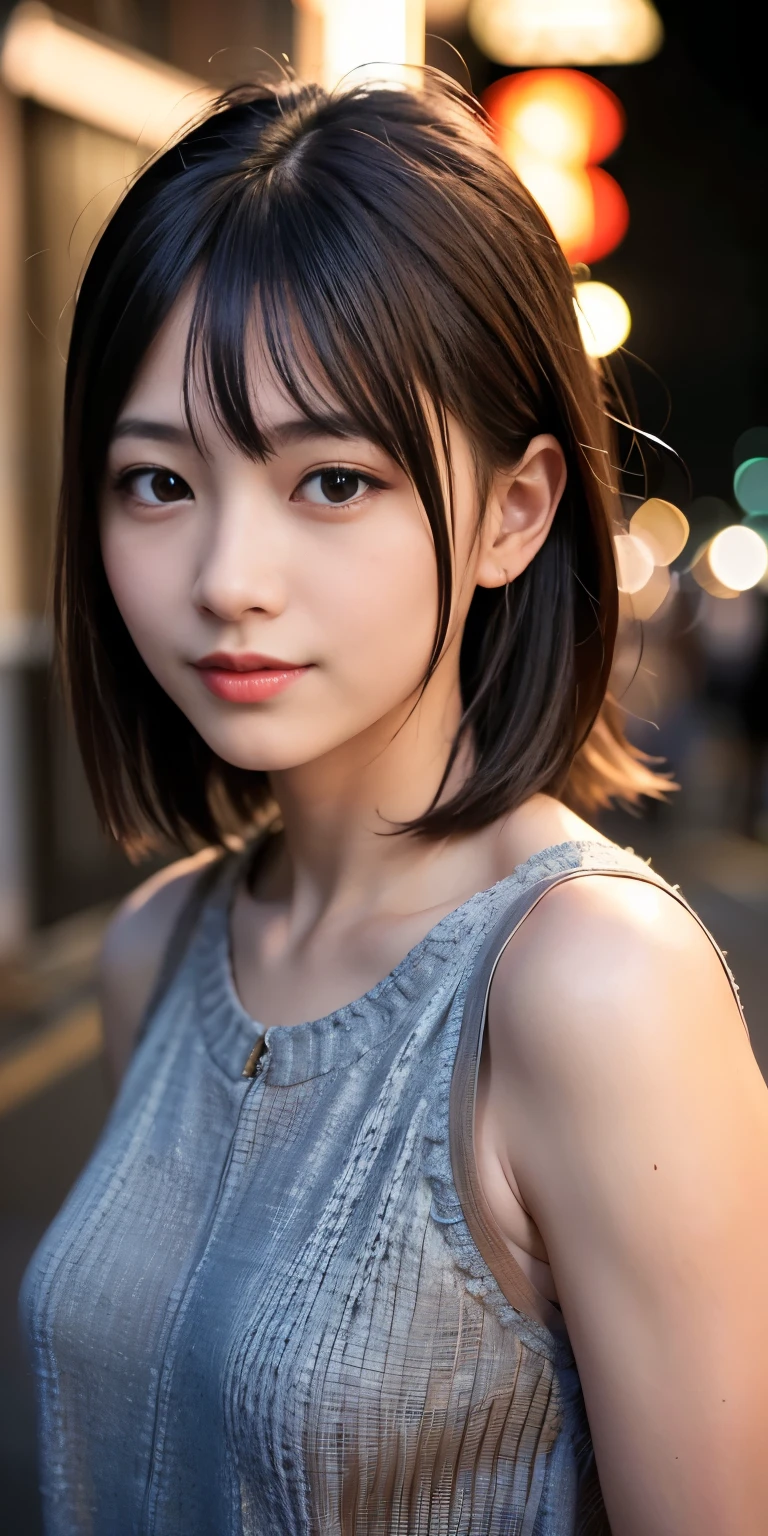 1 Girl, Tokyo Street,night, Streetscape,City lights,Upper Body,close,smile,, (8K, Raw photo, highest quality, masterpiece:1.2),(Realistic, photo-Realistic:1.37),