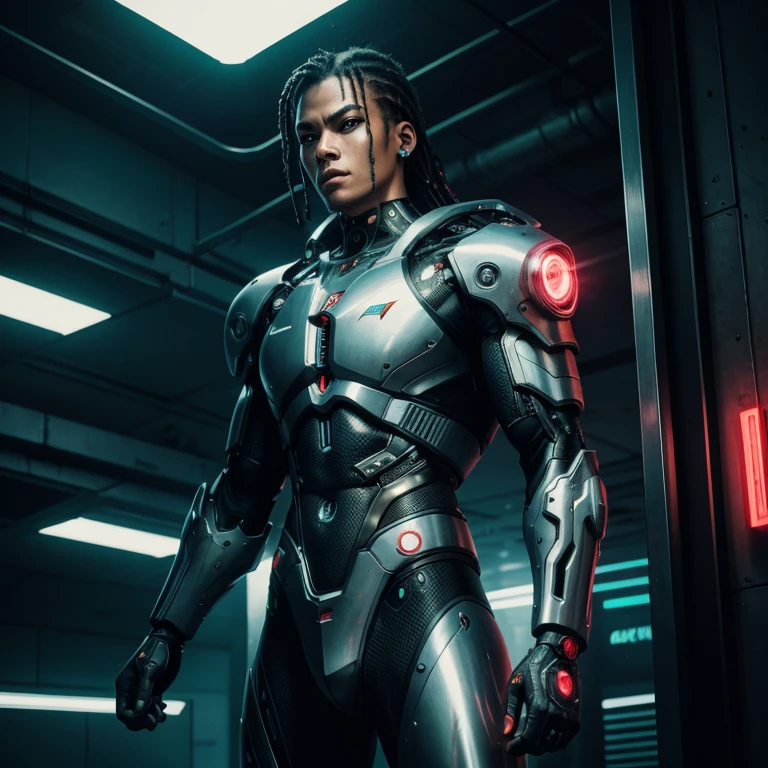 cyborg in shining armor,cyberpunk,Neon,realism,фото realism