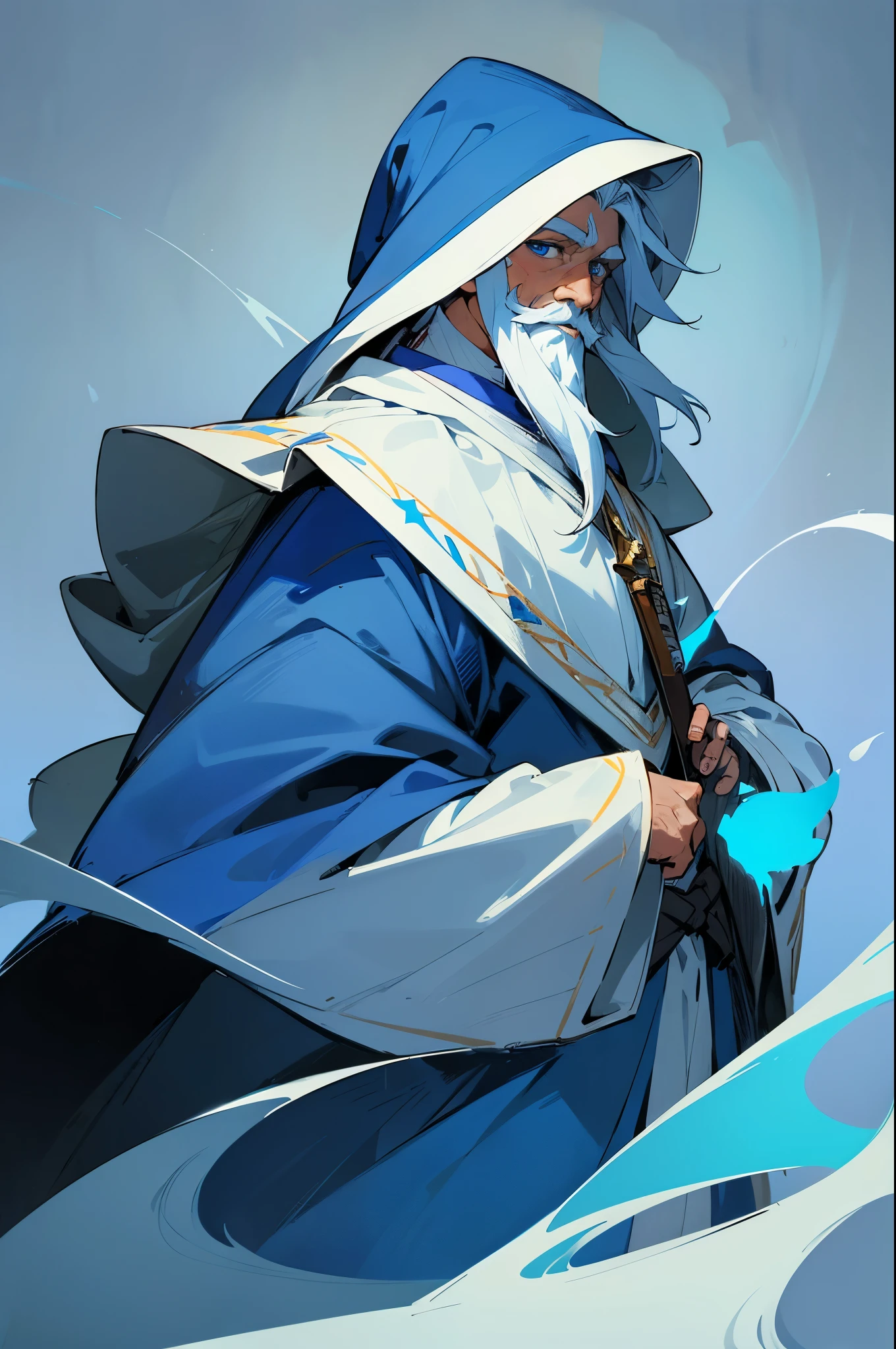 Concept art, character illustration, European and American cartoons, 1boy, male focus, facial hair, solo, beard, hood, blue background, white hair, blue eyes, robe, wide sleeves, wizard, hood up, looking at viewer, mustache, long sleeves, magic, old man, old, glowing
