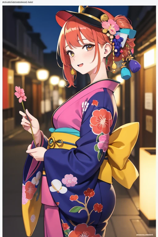 a Pierre Bonnard style painting, Une femme, 25 ans, mangas, cheveux longs, cheveux multicolores, aux seins nus, details, kimono multicolore, Masque Kabuki