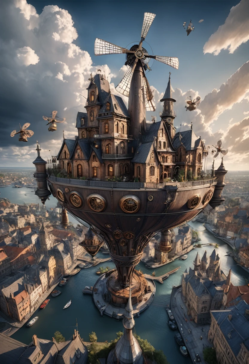 (best quality,4k,8k,highres,masterpiece:1.2),ultra-detailed,(realistic,photorealistic,photo-realistic:1.37),floating, Intricate Steampunk city floating on a cloud,abundant steampunk windmills and propellers,da vinci style wings, dramatic sky and dramatic lighting,artistic view