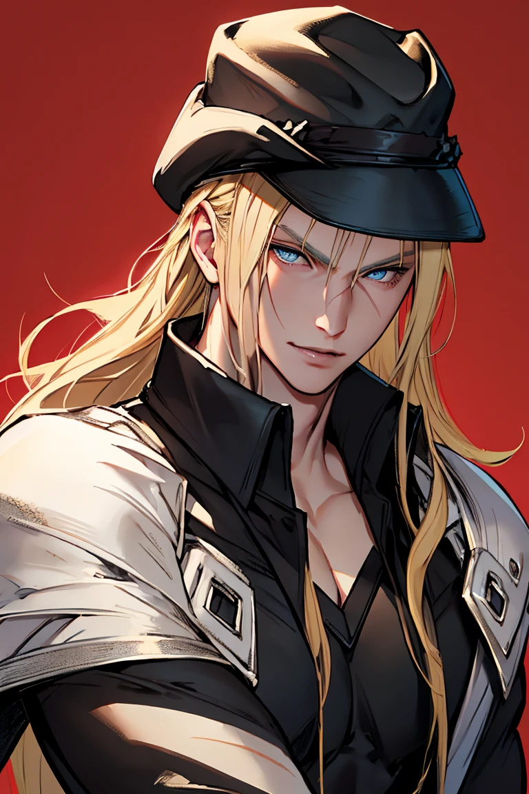 (Masterpiece, hiquality, Best Quality), (((solo))), Mature man,  (((blond length hair))), blue eyes, short blonde hair, ((pale skin)), blue eyes, color background, , black hat, black cape, (((red shirt))), Detailed outfit, Detailed