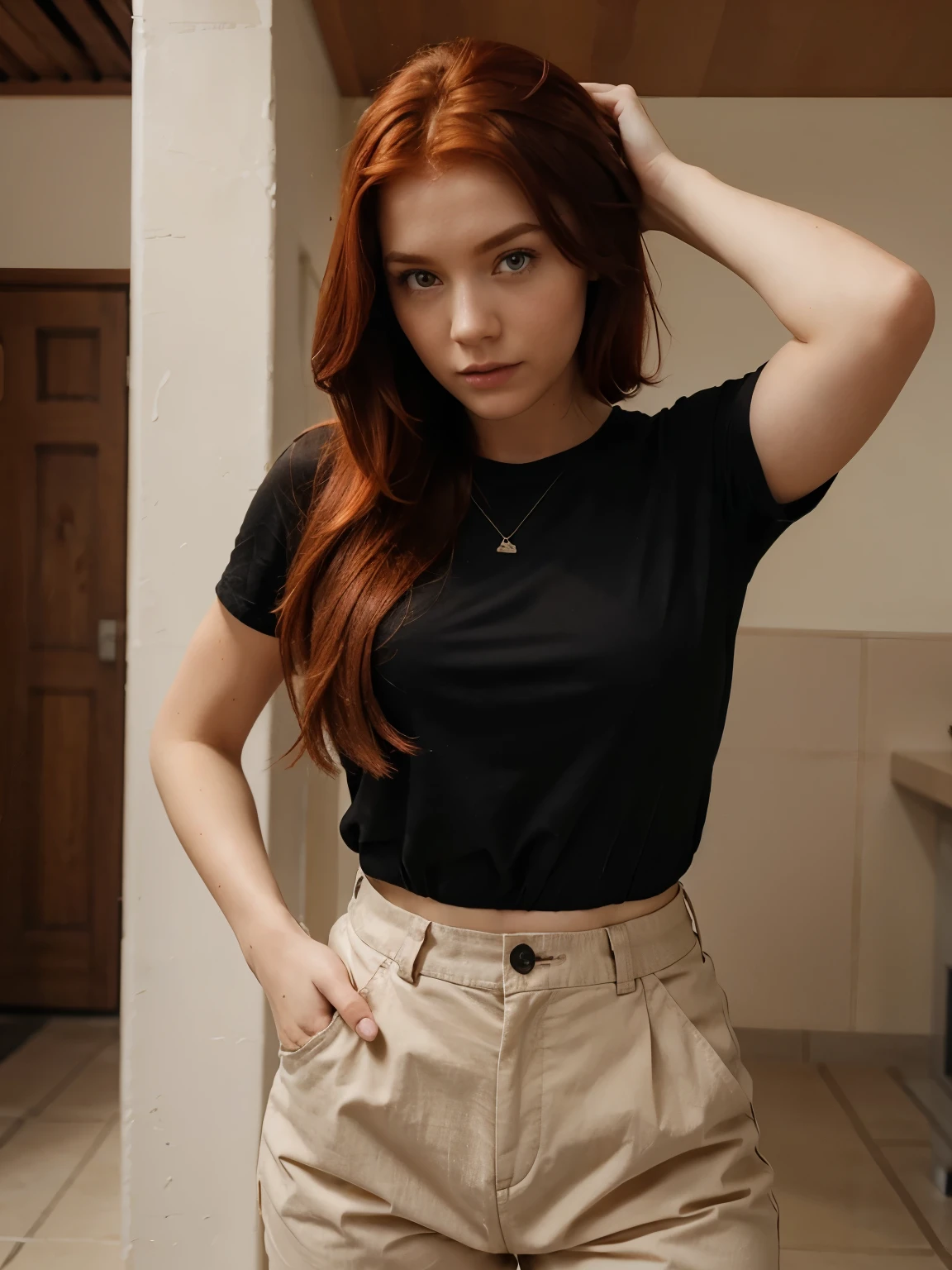 A 13 years old girl, red hair, freckles, hair bun, full body