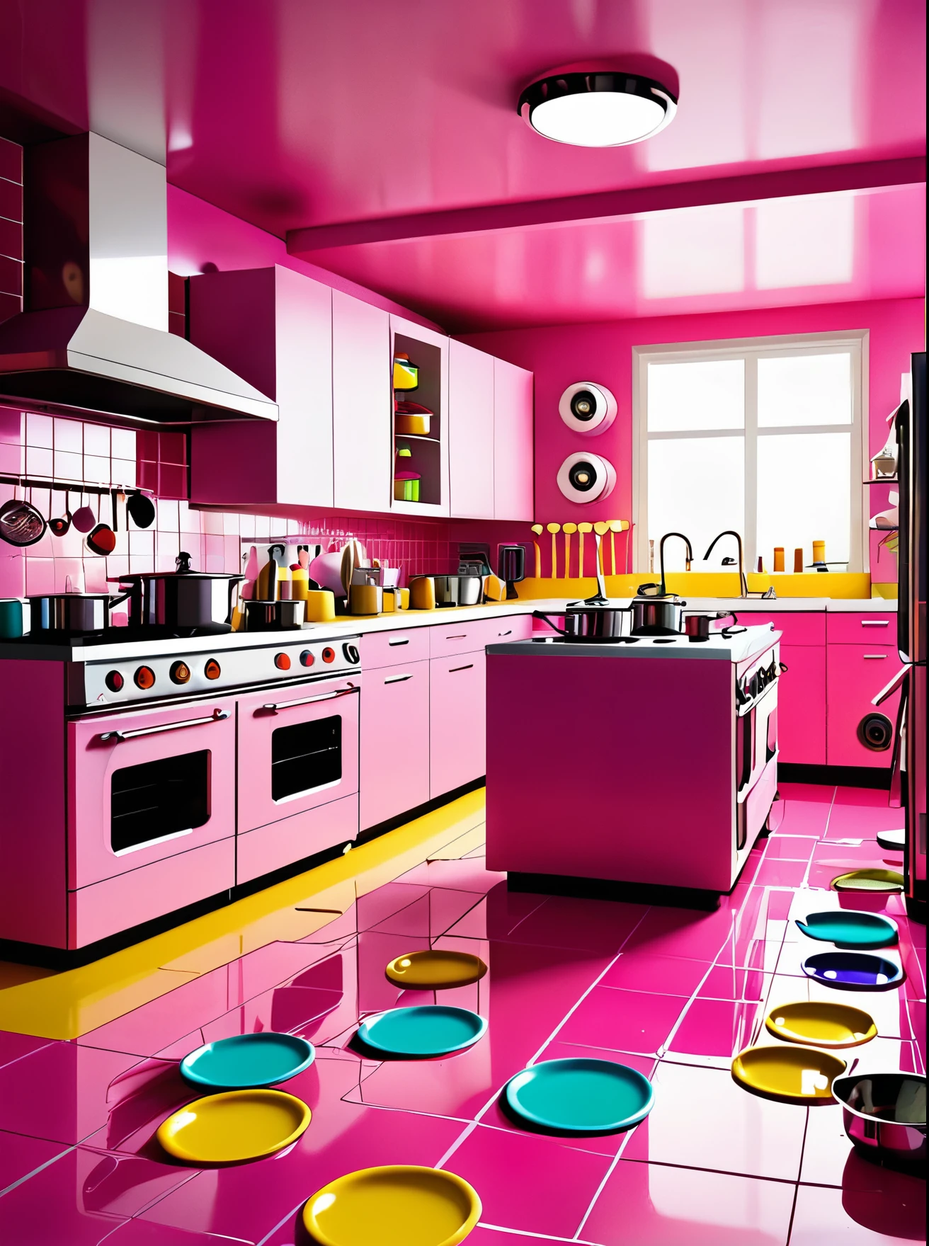 scene design, retro style, The scene design is in a kitchen that is disordered and full of absurdity. The entire space takes on a strange hue of pink and yellow, creating a warm yet incongruous atmosphere.

The kitchen stove is filled with colorful little machines that look like they're from some futuristic science fiction world. These machines are making all kinds of funny grunts and roars, as if they are conducting some incredible cooking experiment.

The floor is littered with all manner of cooking supplies, from giant mixing bowls to tiny foam contraptions, and the whole scene looks like a creative mess.

The walls are covered with strange things