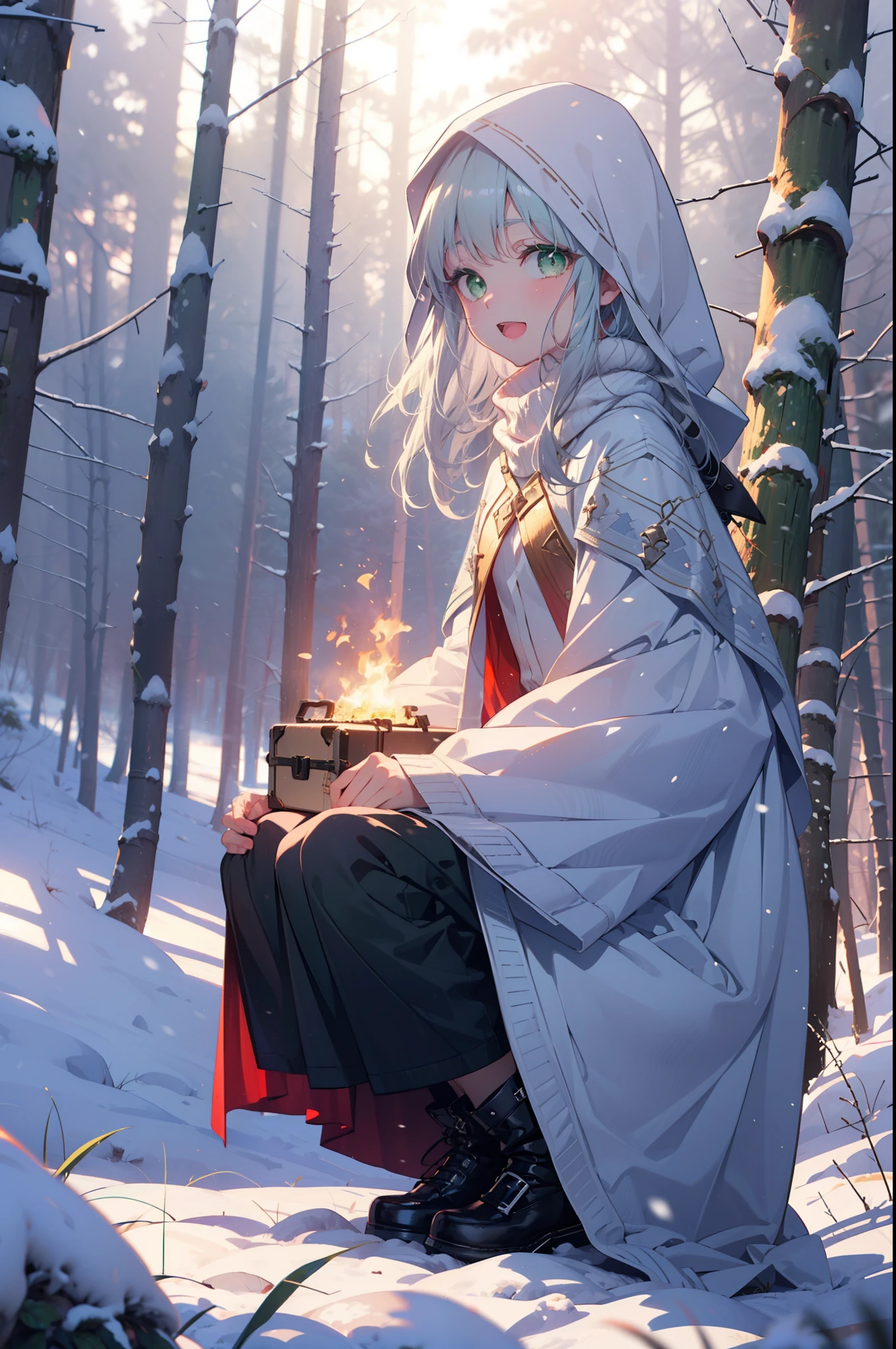 index, index, (Green Eyes:1.5), Silver Hair, Long Hair, (Flat Chest:1.2),happy smile, smile, Open your mouth,
Open your mouth,snow, fire, Outdoor, boots, snowing, From the side, wood, suitcase, Cape, Blurred, Food Up, forest, White handbag, nature,  Squat, Mouth closed, フードed Cape, winter, Written boundary depth, Black shoes, red Cape break looking at viewer, Upper Body, whole body, break Outdoor, forest, nature, break (masterpiece:1.2), highest quality, High resolution, unity 8k wallpaper, (shape:0.8), (Beautiful and beautiful eyes:1.6), Highly detailed face, Perfect lighting, Extremely detailed CG, (Perfect hands, Perfect ???????),