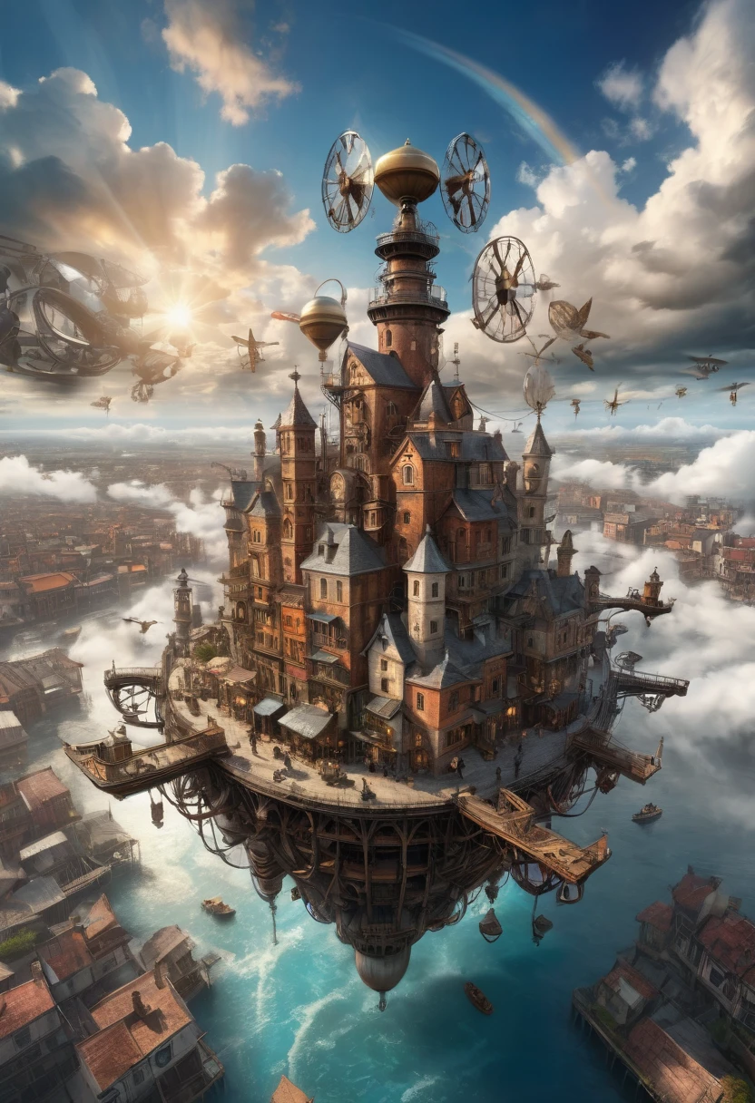 (best quality,4k,8k,highres,masterpiece:1.2),ultra-detailed,(realistic,photorealistic,photo-realistic:1.37),floating, Intricate Steampunk city floating on a cloud,abundant steampunk windmills and propellers,da vinci style wings, dramatic sky and dramatic lighting,artistic view