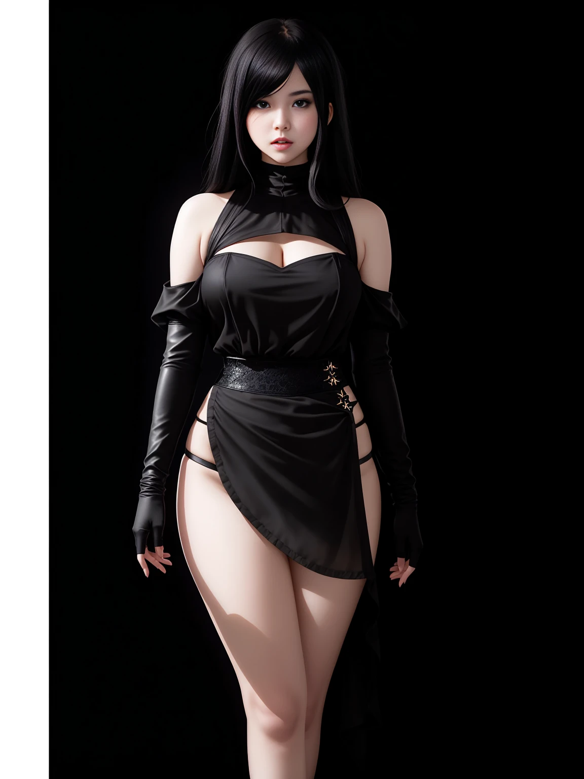 there is YoRHa No. 2 Type B , alluring expression, very bold, upper visible, full body photo, standing legs apart, pale translucent glowing skin, most beautiful face, cute, (well defined pubic hair:1.2)), (dark plain black background:1.4))