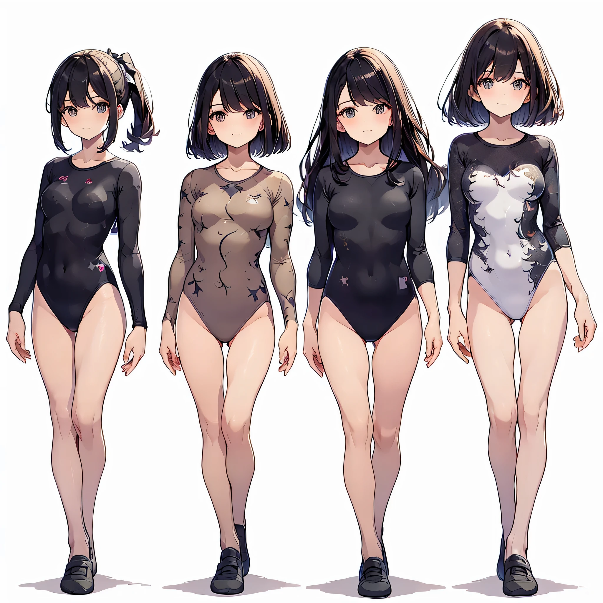 ((full body)),(masterpiece, best quality), (2 girls1.5) ,((Contrapposto:1.5)), looking at viewer, walking,((v_arms:1.2)), （wearing gymnastics_longsleeves_leotard_outfit leotard:1.3),(simple leotard:1.3),(green leotard:1.3) ,((plaid print:1.3)), BREAK masterpiece black hair, ((long hair:1.2)), ((parted bangs:1.3)), black eyes, good hand, ((small breasts)), (over 20 years old, under 25 years old:1.2), , spotlight, happy, smile, BREAK white background