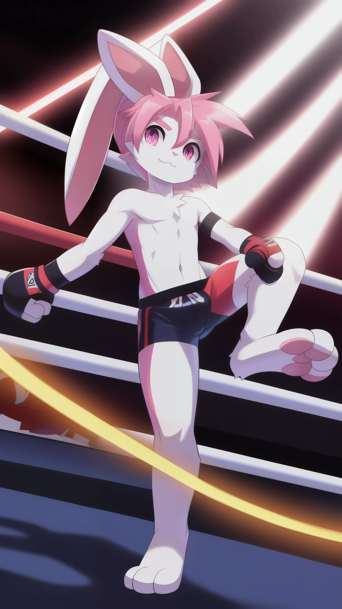 full-length_portrait, Furry shota, rabbit, long rabbit ears, pink hair, long spiky ponytail, spiky hair, detailed body fur, Pink eyes, ((red mma boxers, mma gloves)), looking at you, white body fur, detailed face, big eyebrows, detailed eyes, detailed body, mma ring, detailed hands, flat body, glistering body, shiny body, skinny, spectacular effects, :3, perfect lighting, perfect shadows, perfect eyes, perfect hair, perfect face, gorgeous body, full body, feets with three toes, 3 toes, action: mma fight, fighter,