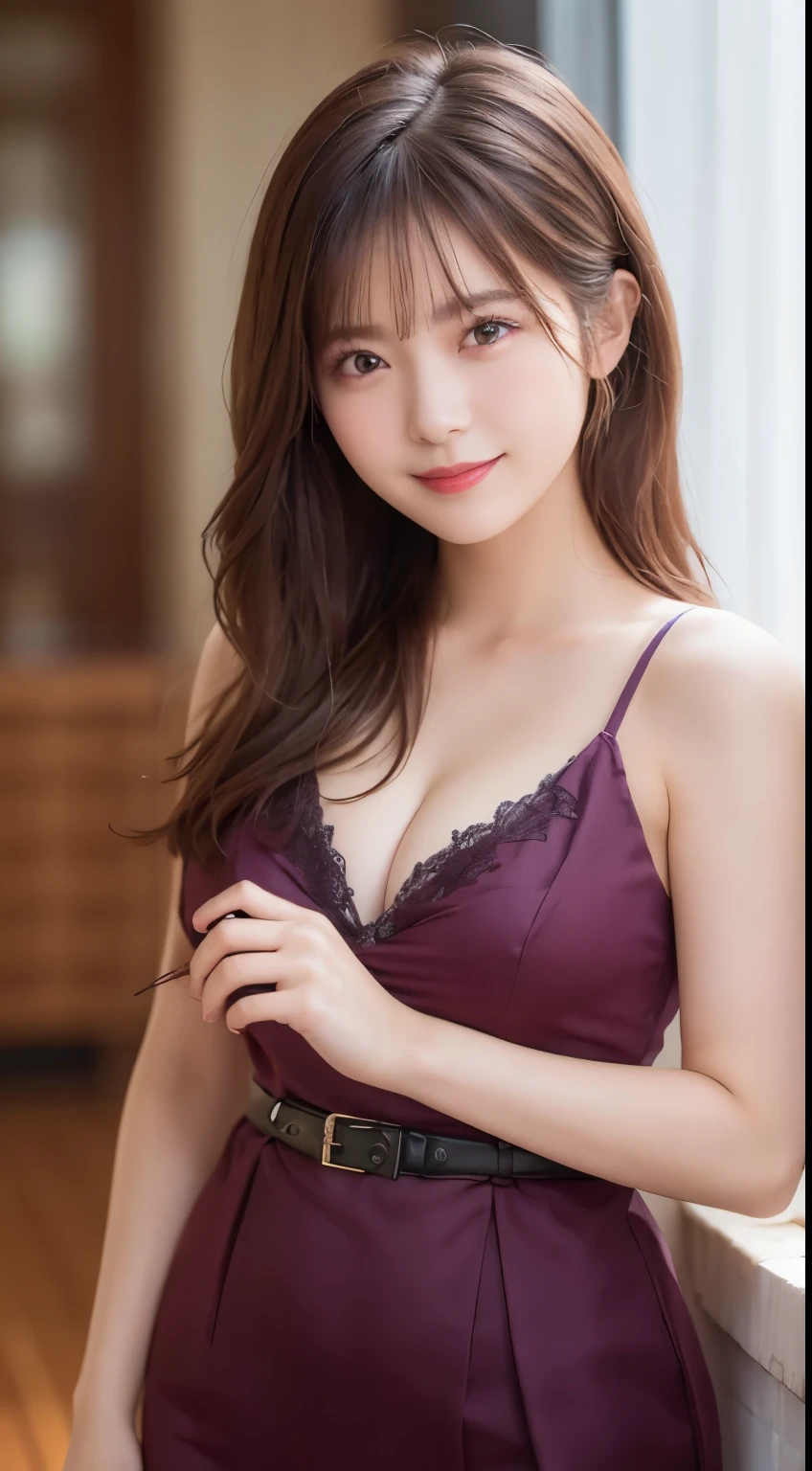 Tabletop, highest quality, figure, Very detailed, In detail, High resolution, 8k wallpaper, Perfect dynamic composition, Beautiful fine details, China dress、gravure、Long Hair,Center of chest, Natural color lip, Bold sexy pose,smile,20-year-old girl、cute、sexy shot looking at camera