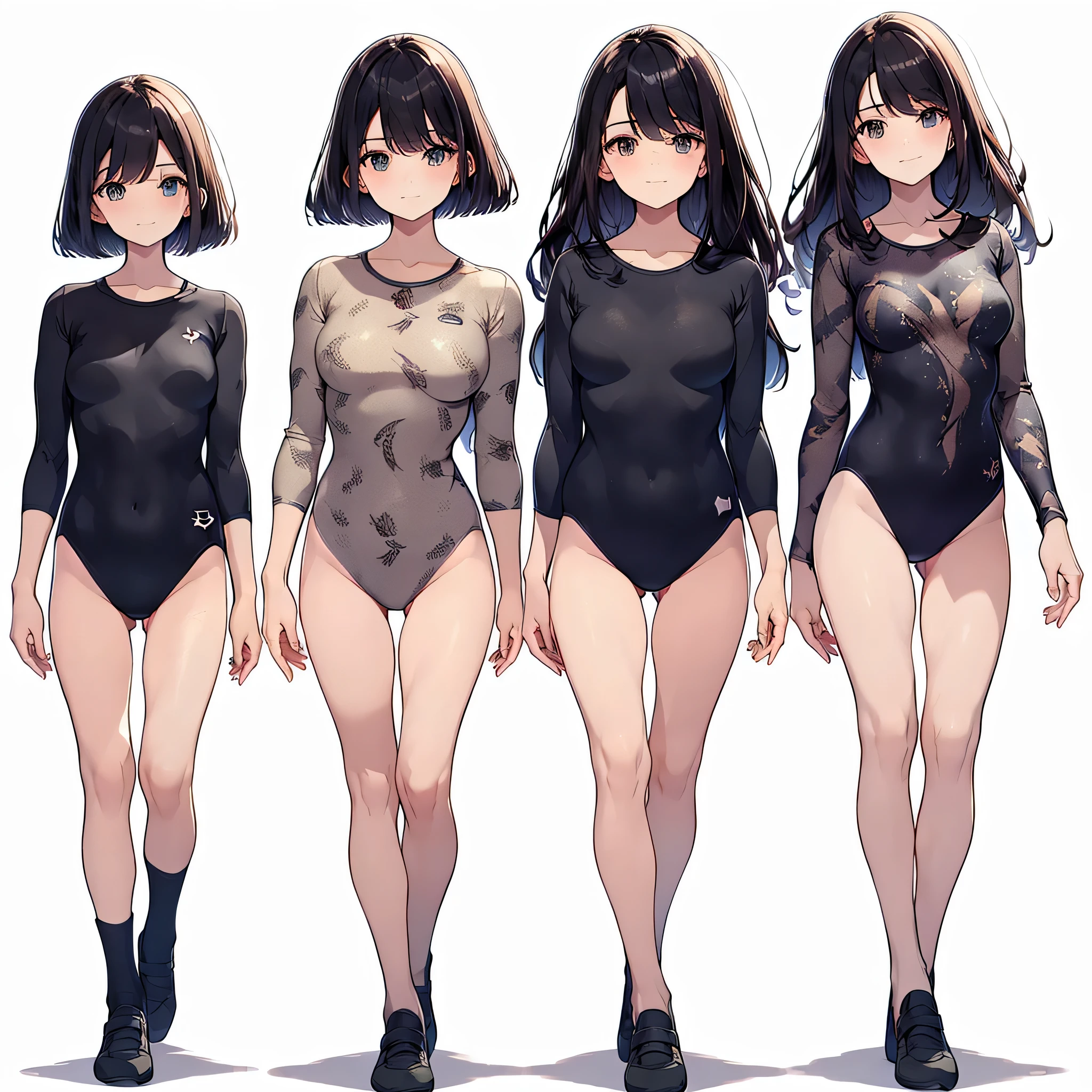 ((full body)),(masterpiece, best quality), (2 girls1.5) ,((Contrapposto:1.5)), looking at viewer, walking,((v_arms:1.2)), （wearing gymnastics_longsleeves_leotard_outfit leotard:1.3),(simple leotard:1.3),(green leotard:1.3) ,((plaid print:1.3)), BREAK masterpiece black hair, ((long hair:1.2)), ((parted bangs:1.3)), black eyes, good hand, ((small breasts)), (over 20 years old, under 25 years old:1.2), , spotlight, happy, smile, BREAK white background