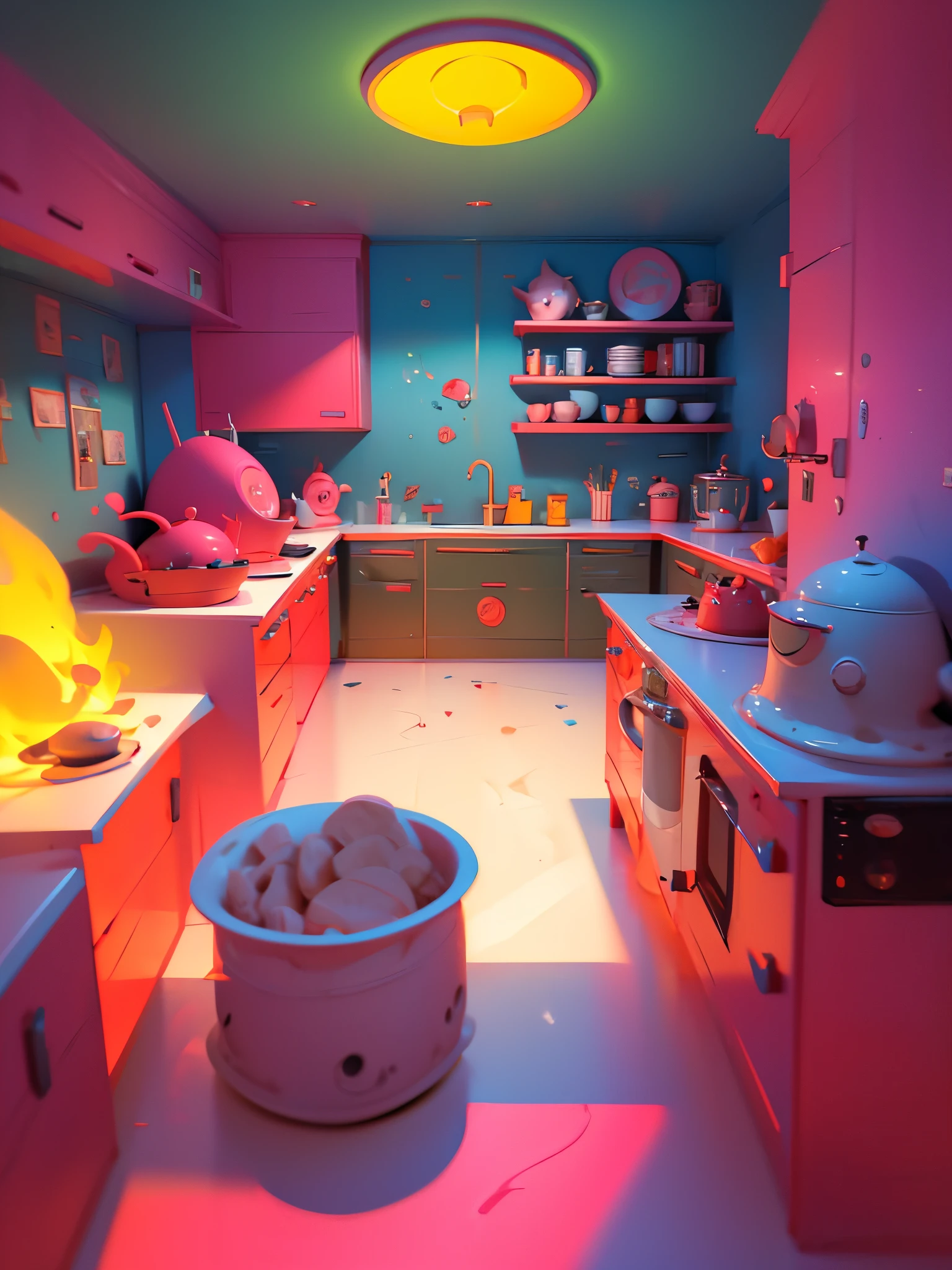 scene design, retro style, The scene design is in a kitchen that is disordered and full of absurdity. The entire space takes on a strange hue of pink and yellow, creating a warm yet incongruous atmosphere.
The kitchen stove is filled with colorful little machines that look like they're from some futuristic science fiction world. These machines are making all kinds of funny grunts and roars, as if they are conducting some incredible cooking experiment.
The floor is littered with all manner of cooking supplies, from giant mixing bowls to tiny foam contraptions, and the whole scene looks like a creative mess.
The walls are covered with strange things