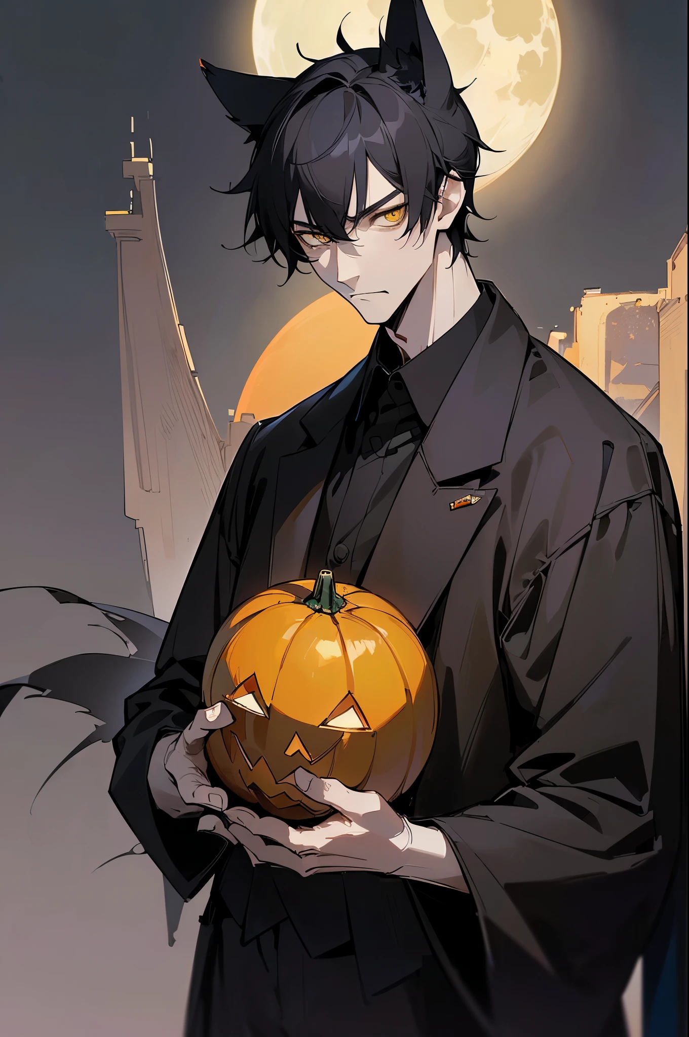 (4K works))、​masterpiece、(top-quality)、((Full moon and crow isolated on black background))、((Horror background))、Korean Male、Adult male、((Adult 26 years old))、((Adult older brother))、((werewolf man))、((The Man with Wolf Ears))、((Face similar to Hyun Jin))、Cool Men、tall、((Glaring expression))、((Strong eyes))、((Black cool werewolf fashion))、((Long sleeve long trouser style))、((smaller face))、Slim body、((hooligan))、((Black short-haired))、((Yellow eyes))、((shot from front))、((Shot alone))、((Solo Photography))、Professional Photos、((Focus zoom in))、((Upper body photography))、((Face enhancement))、Wolf's Pose、((Halloween Photos))、Horror Pictures
