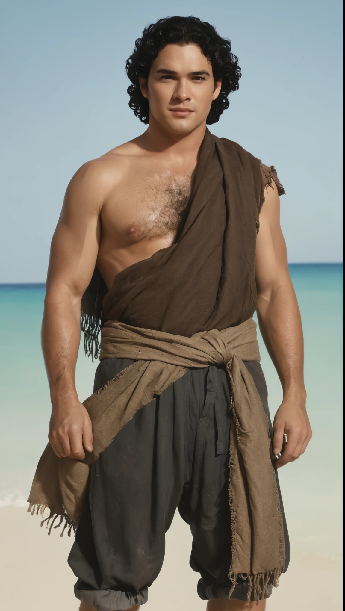 An illustrated movie poster, hand-drawn, full color, a male fisherman, 27 years-old, resembles Dean Cain, wearing buccaneer breeches and a shemagh scarf, fair skin, stocky physique, deep brown eyes, wide bulbous nose, black hair, curly quiff, thick bushy eyebrows, extremely hairy chest, stomach, and arms, lots of body hair, posing on a tropical beach, hard shadows, graphite shading, stencil markings, airbrushed acrylic paint, masterpiece, in the style of Lord of the Rings