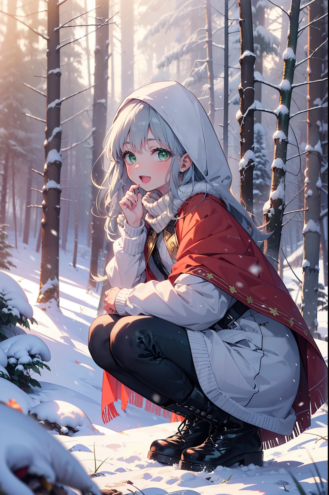 index, index, (Green Eyes:1.5), Silver Hair, Long Hair, (Flat Chest:1.2),happy smile, smile, Open your mouth,
Open your mouth,snow, fire, Outdoor, boots, snowing, From the side, wood, suitcase, Cape, Blurred, Food Up, forest, White handbag, nature, Squat, Mouth closed, フードed Cape, winter, Written boundary depth, Black shoes, red Cape break looking at viewer, Upper Body, whole body, break Outdoor, forest, nature, break (masterpiece:1.2), highest quality, High resolution, unity 8k wallpaper, (shape:0.8), (Beautiful and beautiful eyes:1.6), Highly detailed face, Perfect lighting, Extremely detailed CG, (Perfect hands, Perfect Anatomy),
