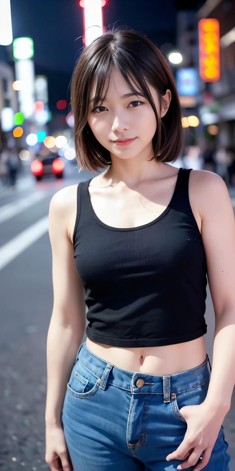 1 Girl, Tokyo Street,night, Streetscape,City lights,Upper Body,close,smile,, (8K, Raw photo, highest quality, masterpiece:1.2),(Realistic, photo-Realistic:1.37),