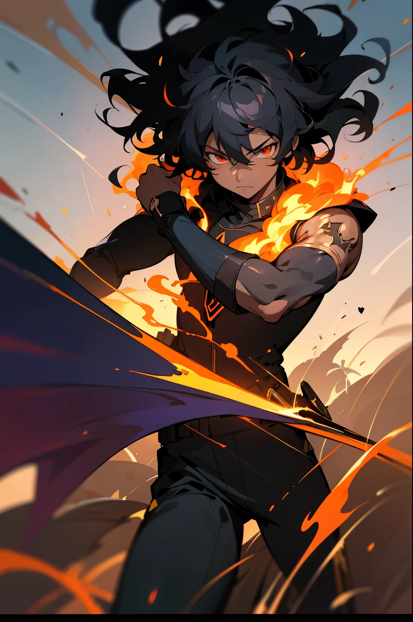 1 Black skin boy with black and curly hair, with some flames arround him. He's wearing an black suit and is holding a iron sword. Red and orange eyes. detailed key anime art, in each hand anime lush john 8k woods, best anime 4k konachan wallpaper, anime style 4 k, zerochan art, in a devasted field, clean detailed anime art, anime art wallpaper 8 k, official anime artwork, anime art wallpaper 4k, anime art wallpaper 4 k