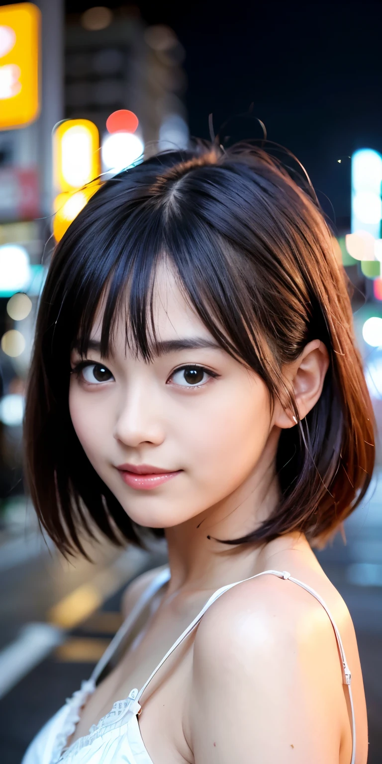 1 Girl, Tokyo Street,night, Streetscape,City lights,Upper Body,close,smile,, (8K, Raw photo, highest quality, masterpiece:1.2),(Realistic, photo-Realistic:1.37),