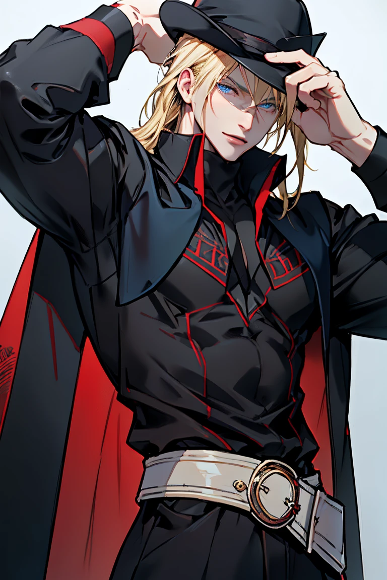 (Masterpiece, hiquality, Best Quality), (((solo))), Mature man,  (((blond length hair))), blue eyes, short blonde hair, ((pale skin)), blue eyes, color background, , black hat, black cape, (((red shirt))), Detailed outfit, Detailed