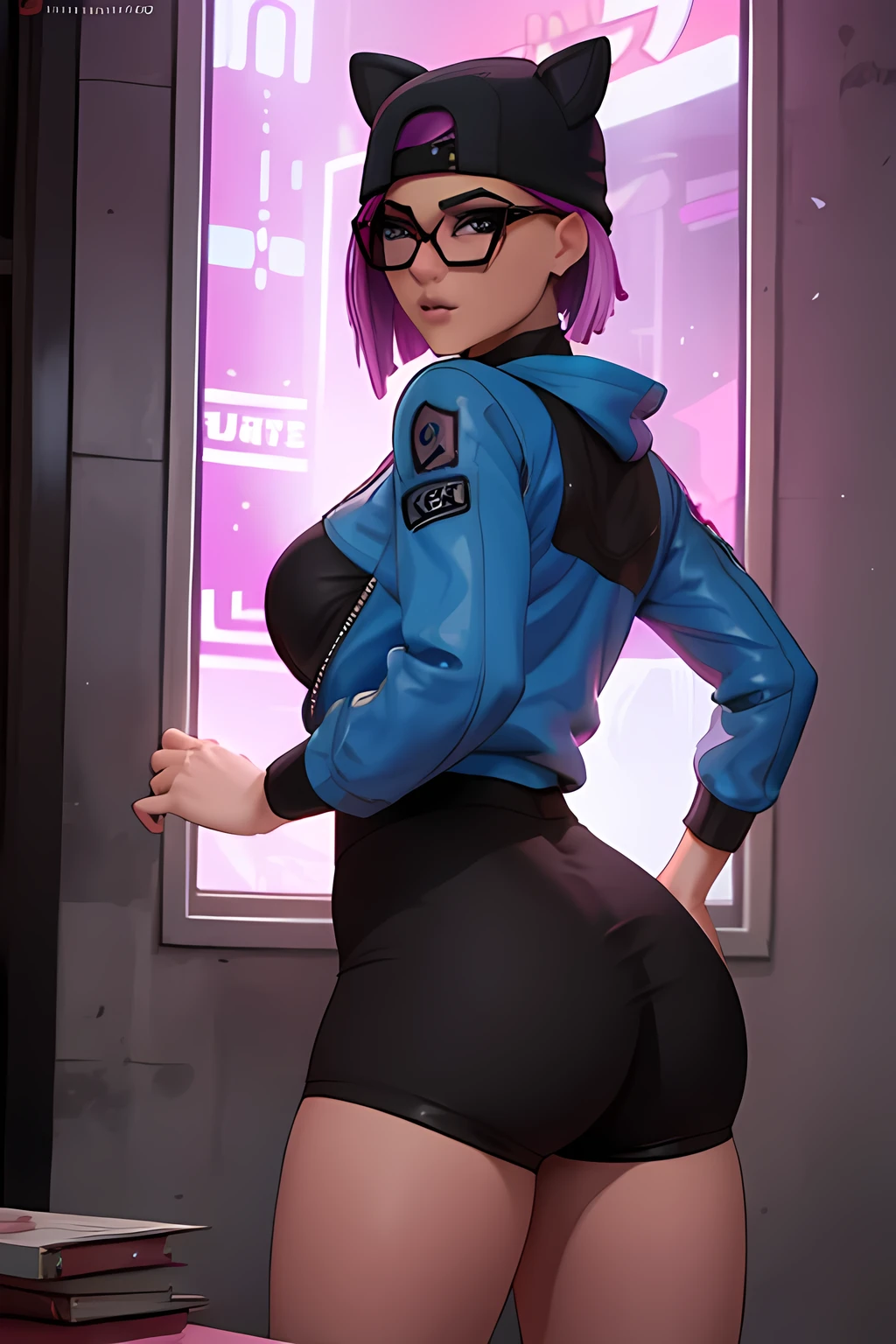 Traje de lino Cyberpunk, Noche, pulsera de picos,gorro de invierno , shorts negro con Azul Marino, chaqueta azul marino ,Extremadamente detallado, rostro detallado, gafas ,hermoso rostro, ojos finos, looking back at the viewer, pose femenino.