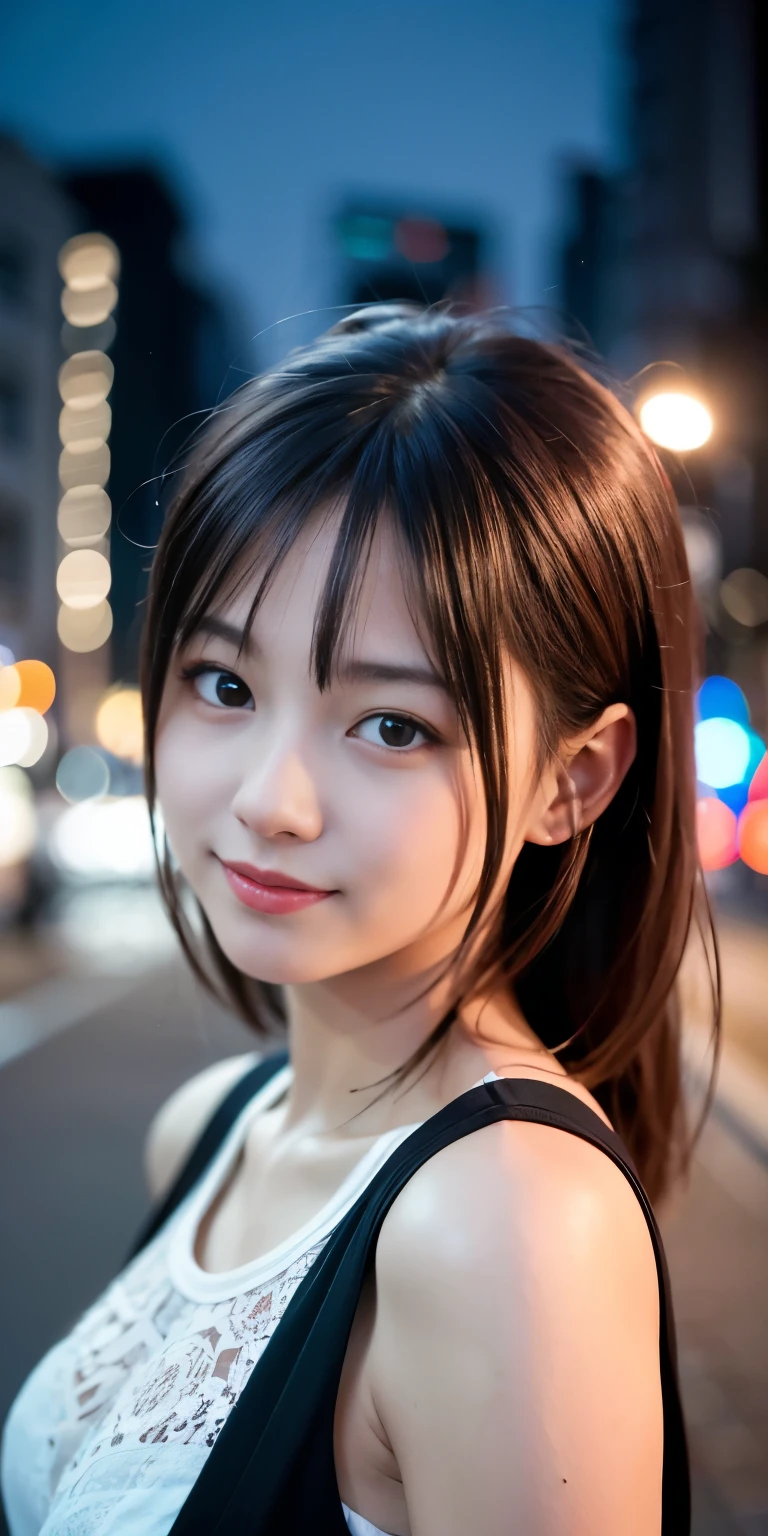 1 Girl, Tokyo Street,night, Streetscape,City lights,Upper Body,close,smile,, (8K, Raw photo, highest quality, masterpiece:1.2),(Realistic, photo-Realistic:1.37),
