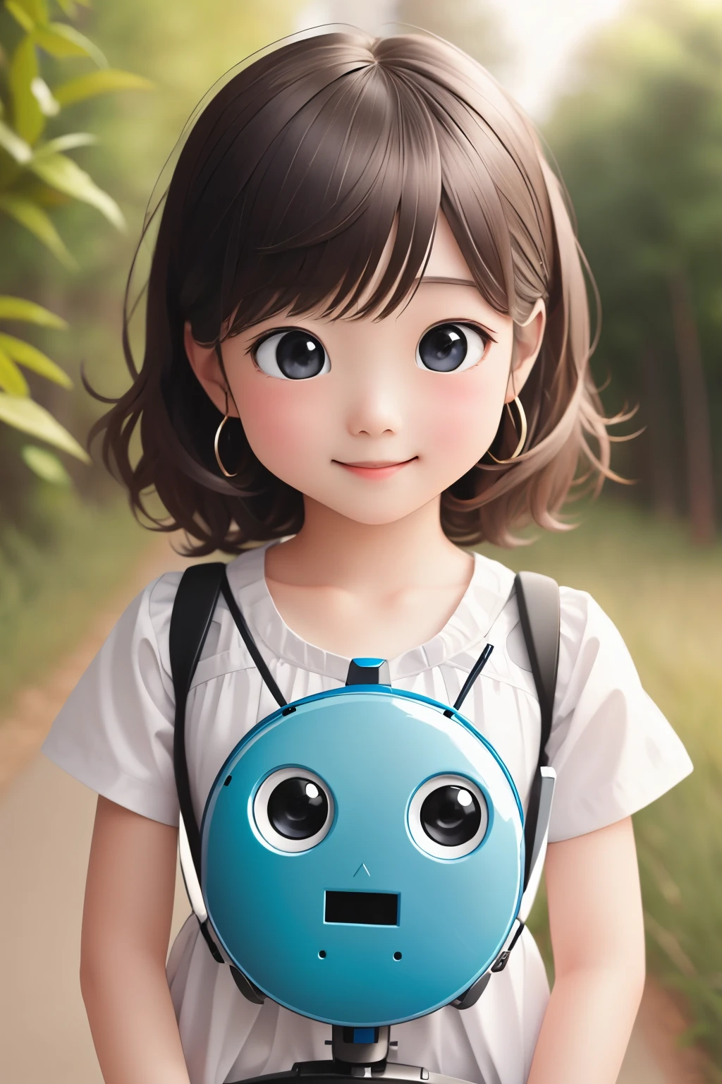 Girl and robot collaboration photo、comical、A butterfly lands on the robot's head、The girl who saw it laughed.