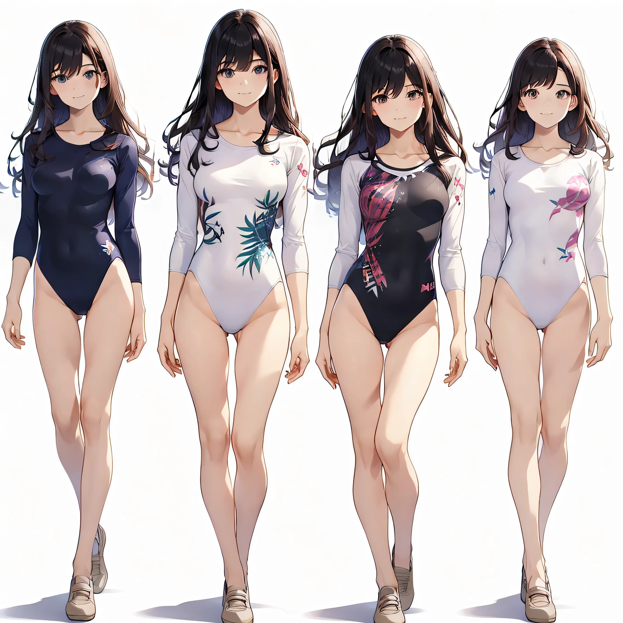 ((full body)),(masterpiece, best quality), (2 girls1.5) ,((Contrapposto:1.5)), looking at viewer, walking,((v_arms:1.2)), （wearing gymnastics_longsleeves_leotard_outfit leotard:1.3),(simple leotard:1.3),(green leotard:1.3) ,((plaid print:1.3)), BREAK masterpiece black hair, ((long hair:1.2)), ((parted bangs:1.3)), black eyes, good hand, ((small breasts)), (over 20 years old, under 25 years old:1.2), , spotlight, happy, smile, BREAK white background