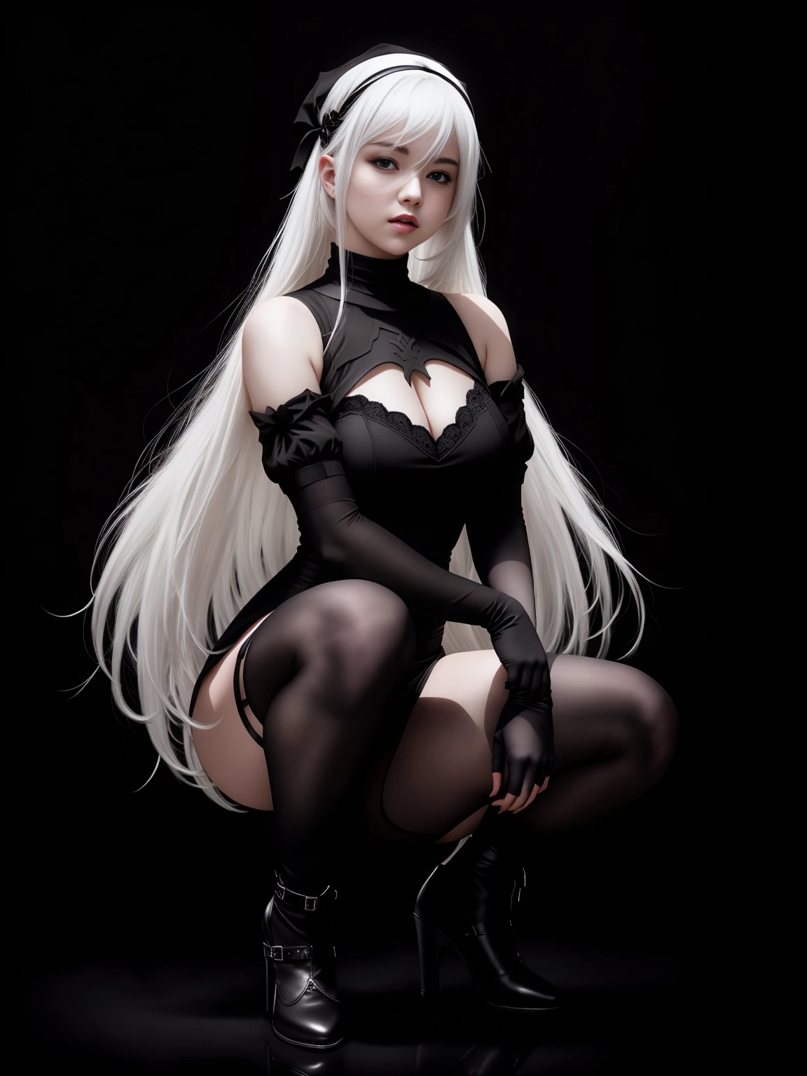 there is YoRHa No. 2 Type B squatting, white hair, alluring expression, very bold, upper visible, full body photo, standing legs apart, pale translucent glowing skin, most beautiful face, cute, ((dark plain black background:1.4))