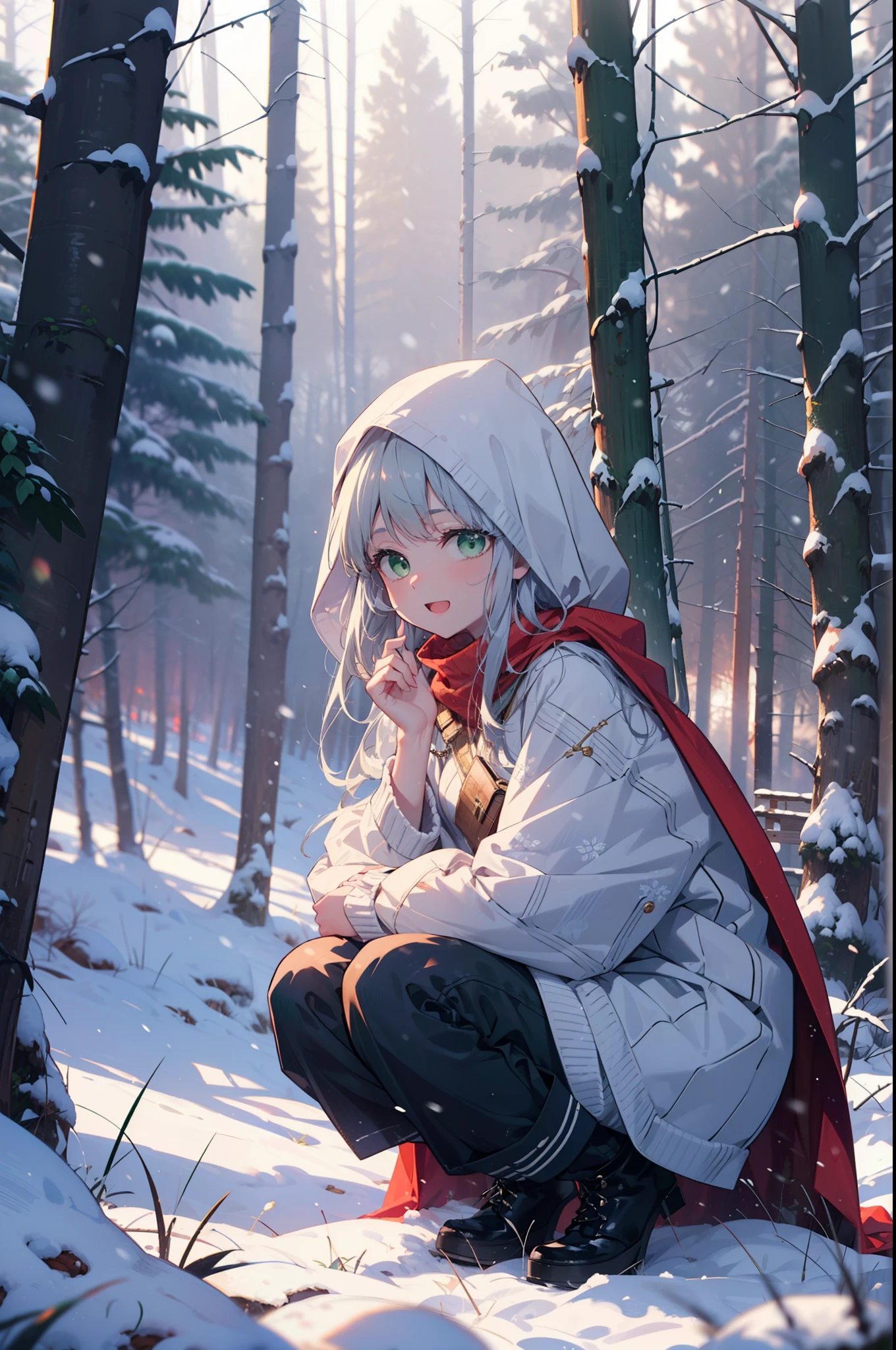 index, index, (Green Eyes:1.5), Silver Hair, Long Hair, (Flat Chest:1.2),happy smile, smile, Open your mouth,
Open your mouth,snow, fire, Outdoor, boots, snowing, From the side, wood, suitcase, Cape, Blurred, Food Up, forest, White handbag, nature, Squat, Mouth closed, フードed Cape, winter, Written boundary depth, Black shoes, red Cape break looking at viewer, Upper Body, whole body, break Outdoor, forest, nature, break (masterpiece:1.2), highest quality, High resolution, unity 8k wallpaper, (shape:0.8), (Beautiful and beautiful eyes:1.6), Highly detailed face, Perfect lighting, Extremely detailed CG, (Perfect hands, Perfect Anatomy),