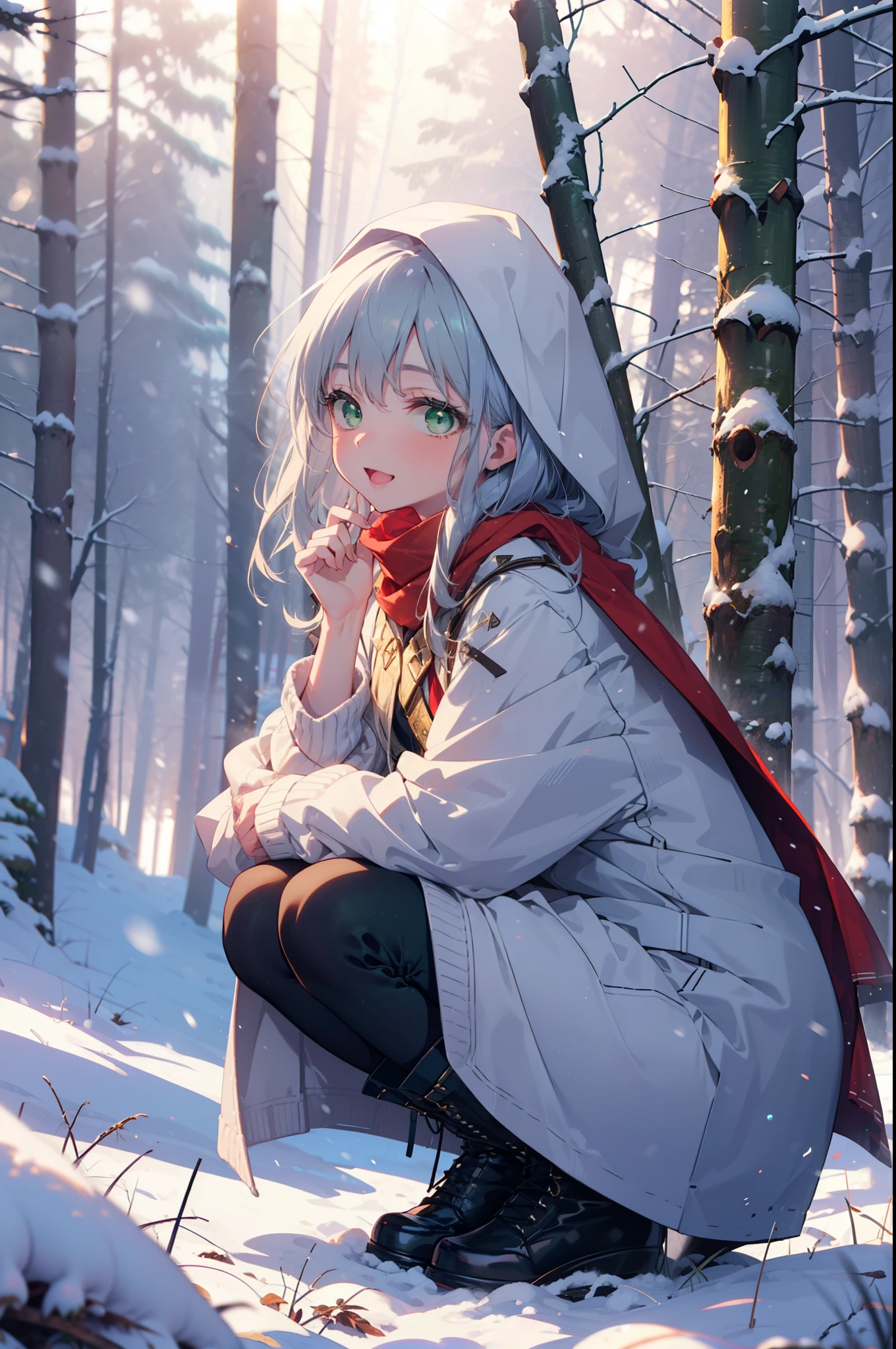 index, index, (Green Eyes:1.5), Silver Hair, Long Hair, (Flat Chest:1.2),happy smile, smile, Open your mouth,
Open your mouth,snow, fire, Outdoor, boots, snowing, From the side, wood, suitcase, Cape, Blurred, Food Up, forest, White handbag, nature, Squat, Mouth closed, フードed Cape, winter, Written boundary depth, Black shoes, red Cape break looking at viewer, Upper Body, whole body, break Outdoor, forest, nature, break (masterpiece:1.2), highest quality, High resolution, unity 8k wallpaper, (shape:0.8), (Beautiful and beautiful eyes:1.6), Highly detailed face, Perfect lighting, Extremely detailed CG, (Perfect hands, Perfect Anatomy),