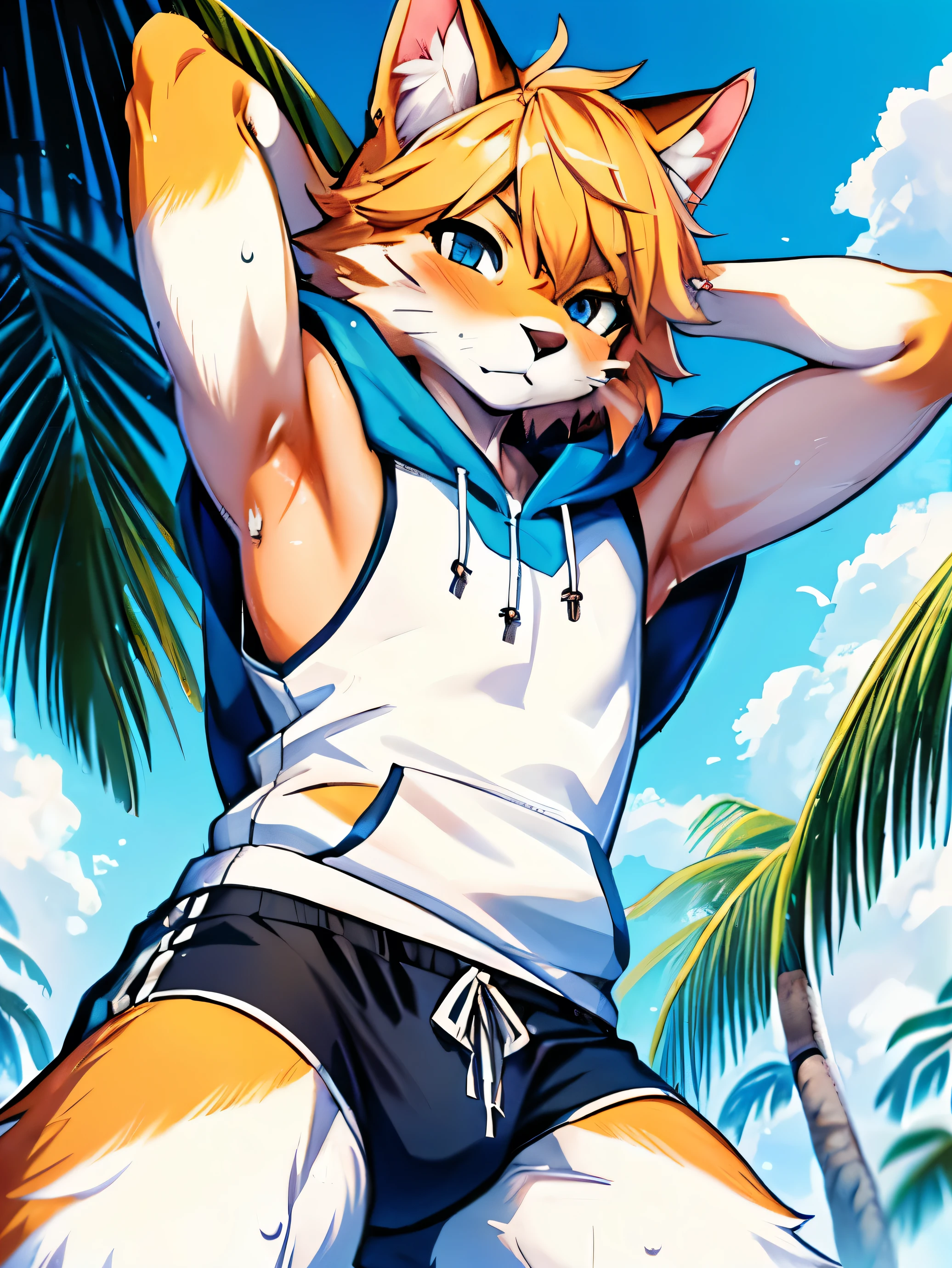 Anime style,top quality, best quality, High-quality illustrations, masterpiece, detailed background, -Yeld-Boyougy, shota, White cat boy, Sleeveless hoodie, Body, (Showing armpit:1.4), Slim body, Slim stomach, Beach, cute, handsome, Happy, joyful, Sweat, Blush, (highly detailed beautiful face and eyes)perfect anatomy(kemono, furry anthro)