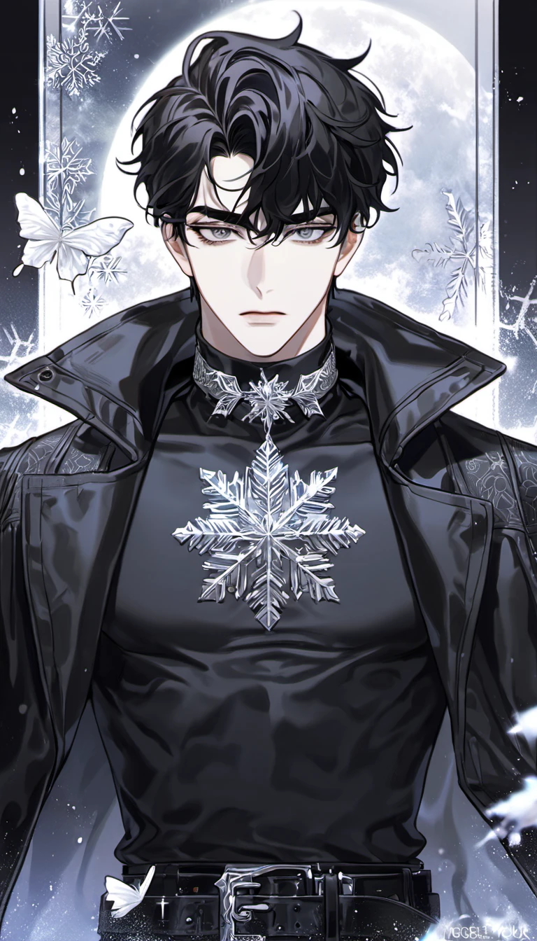 absurdres, highres, ultra detailed, HDR, masterpiece, delicate features, beautiful eyes, detailed eyes, Yoo Joonghyuk, omniscient reader's viewpoint, solo, man, handsome, expressive grey eyes, he has thick eyebrows, his hair is short black and slightly wavy, he usually wears a black coat, under the coat he wears a black tight turtleneck shirt with a silver collar and buckle, a belt across his chest, moon, snowflakes, white butterflies, ice crystals