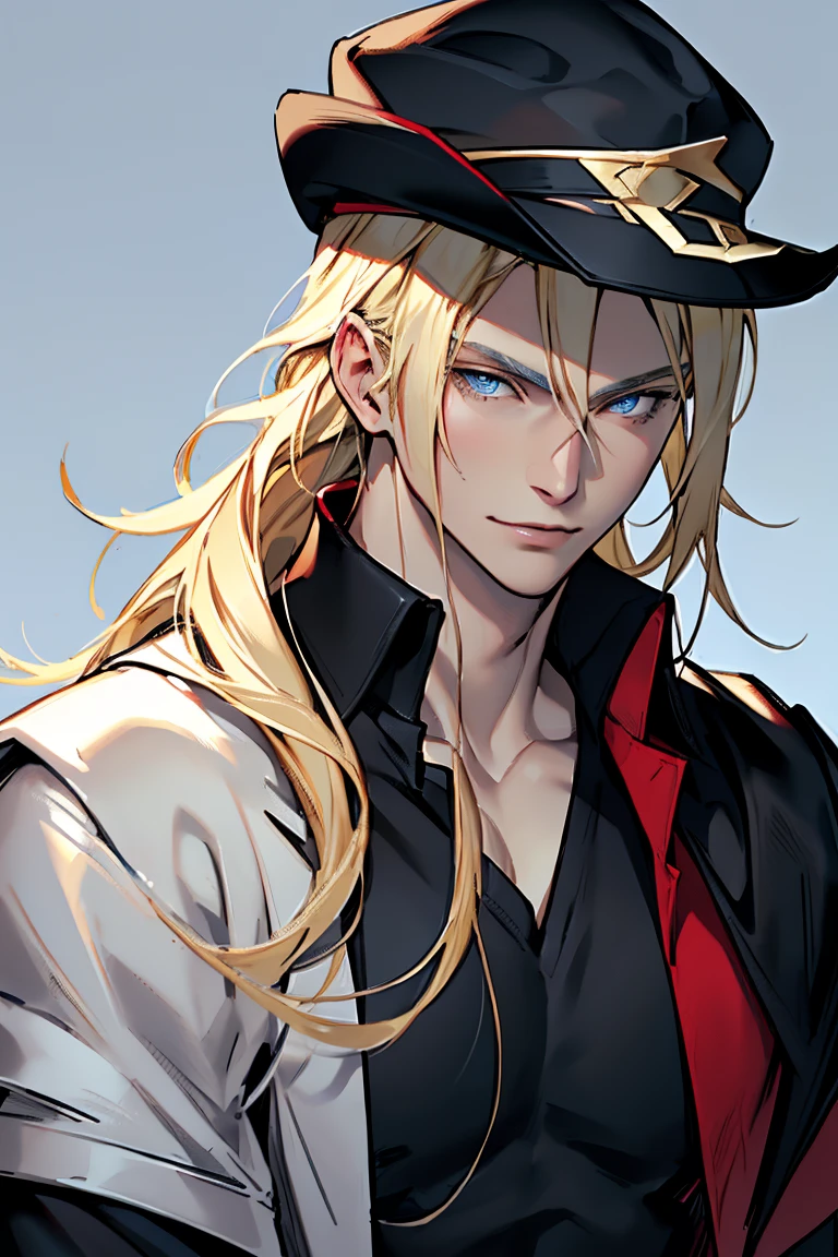 (Masterpiece, hiquality, Best Quality), (((solo))), Mature man,  (((blond length hair))), blue eyes, short blonde hair, ((pale skin)), blue eyes, color background, , black hat, black cape, (((red shirt))), Detailed outfit, Detailed