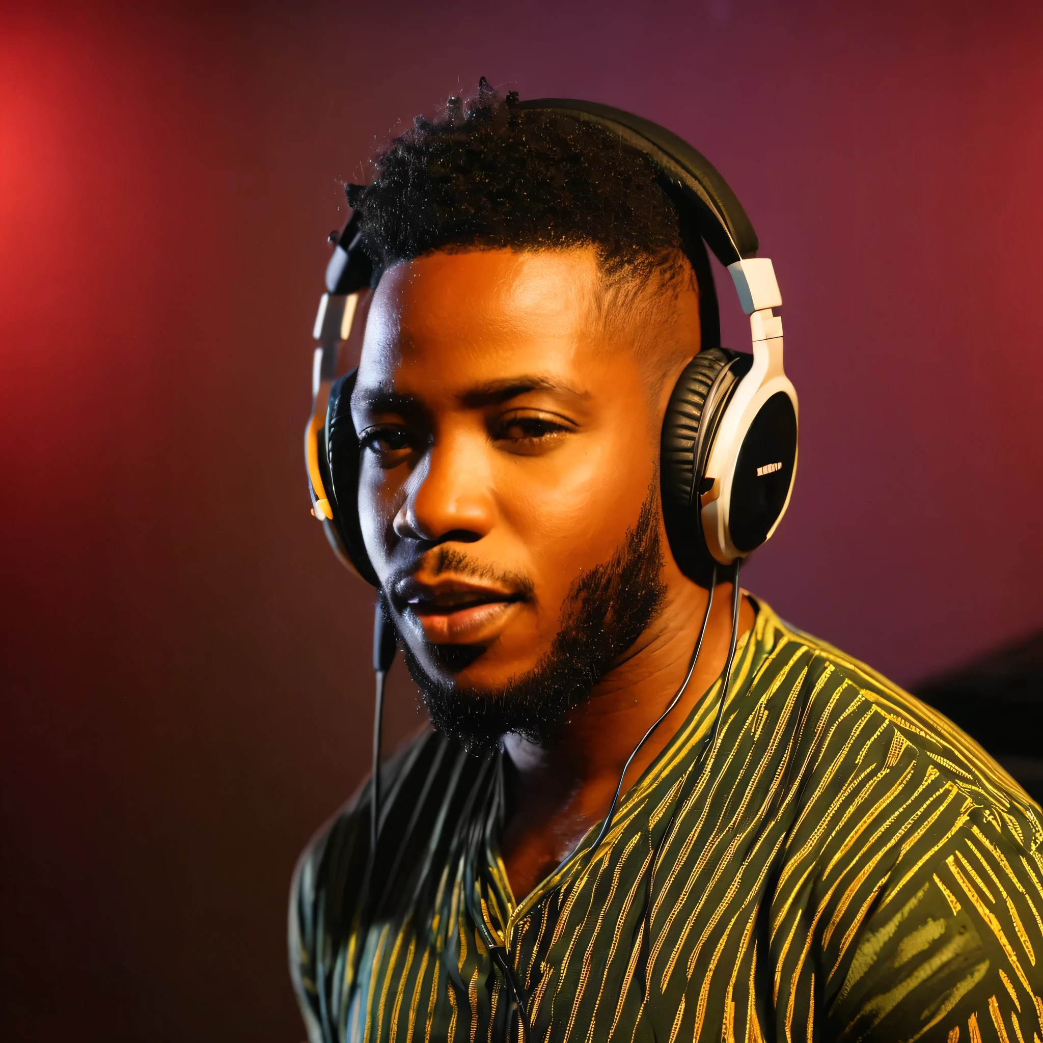 Black african American singer in a sinple recoding studio with headphones listening to his song