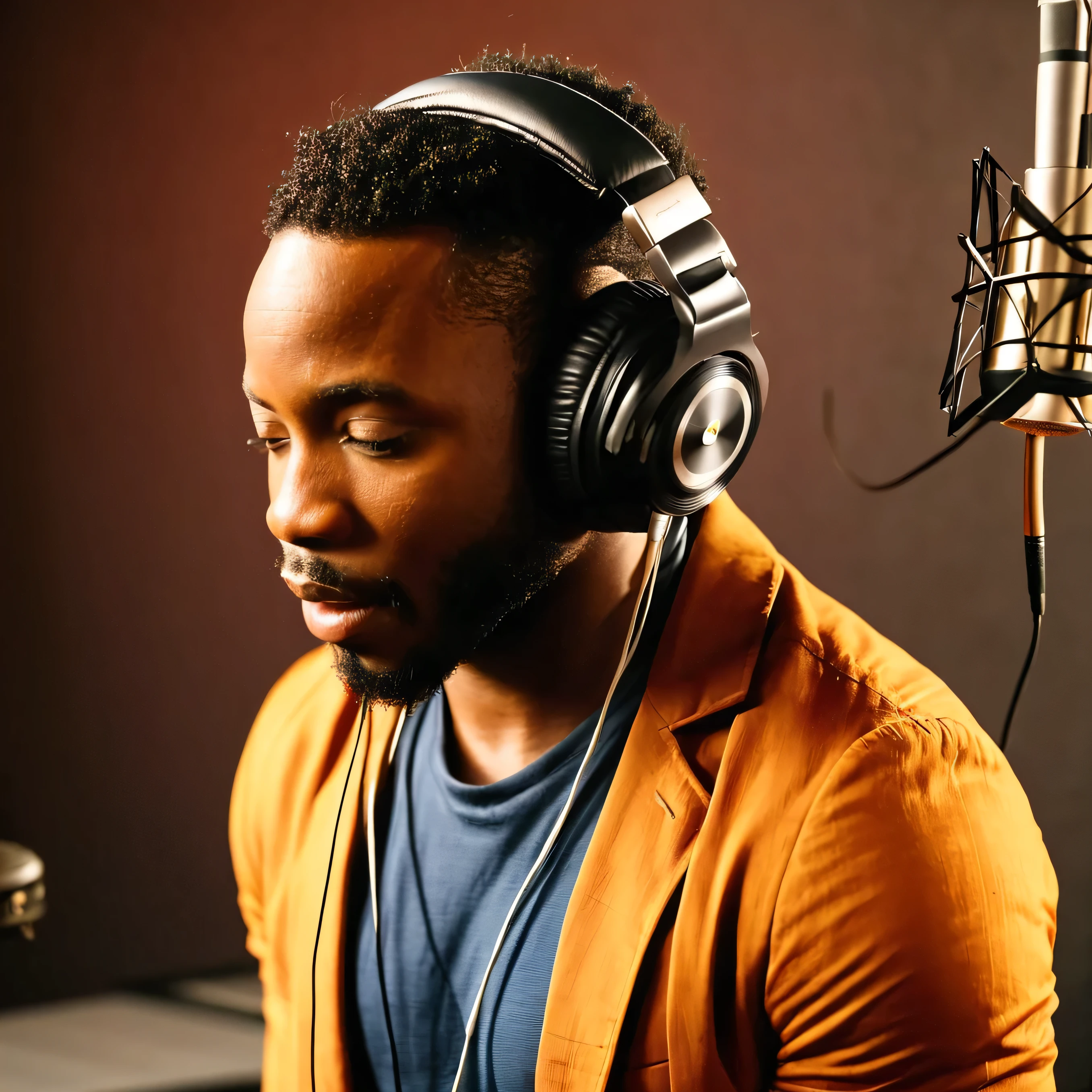 Black african American singer in a sinple recoding studio with headphones listening to his song 