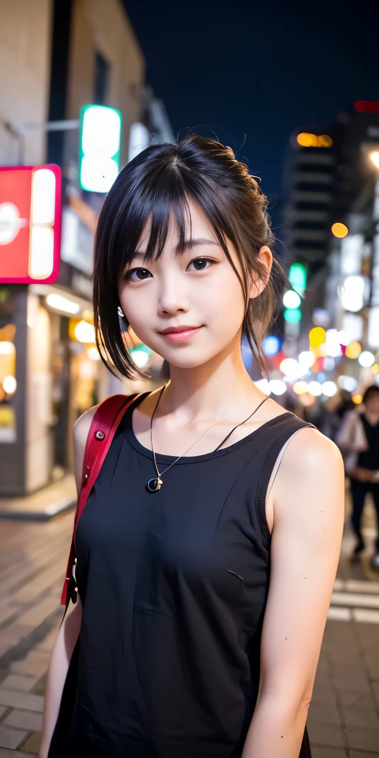 1 girl, Tokyo Street,night, Streetscape,City lights,Upper Body,close,smile,, (8k, RAW Photos, Highest quality, masterpiece:1.2),(Realistic, photo-Realistic:1.37),