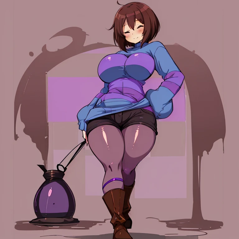 Female, purple and blue striped sweater, brown shorts, brown boots, brown hair, short hair, fishnet stockings, full body, big hips, hourglass figure, shiny hips, eyes closed, standing