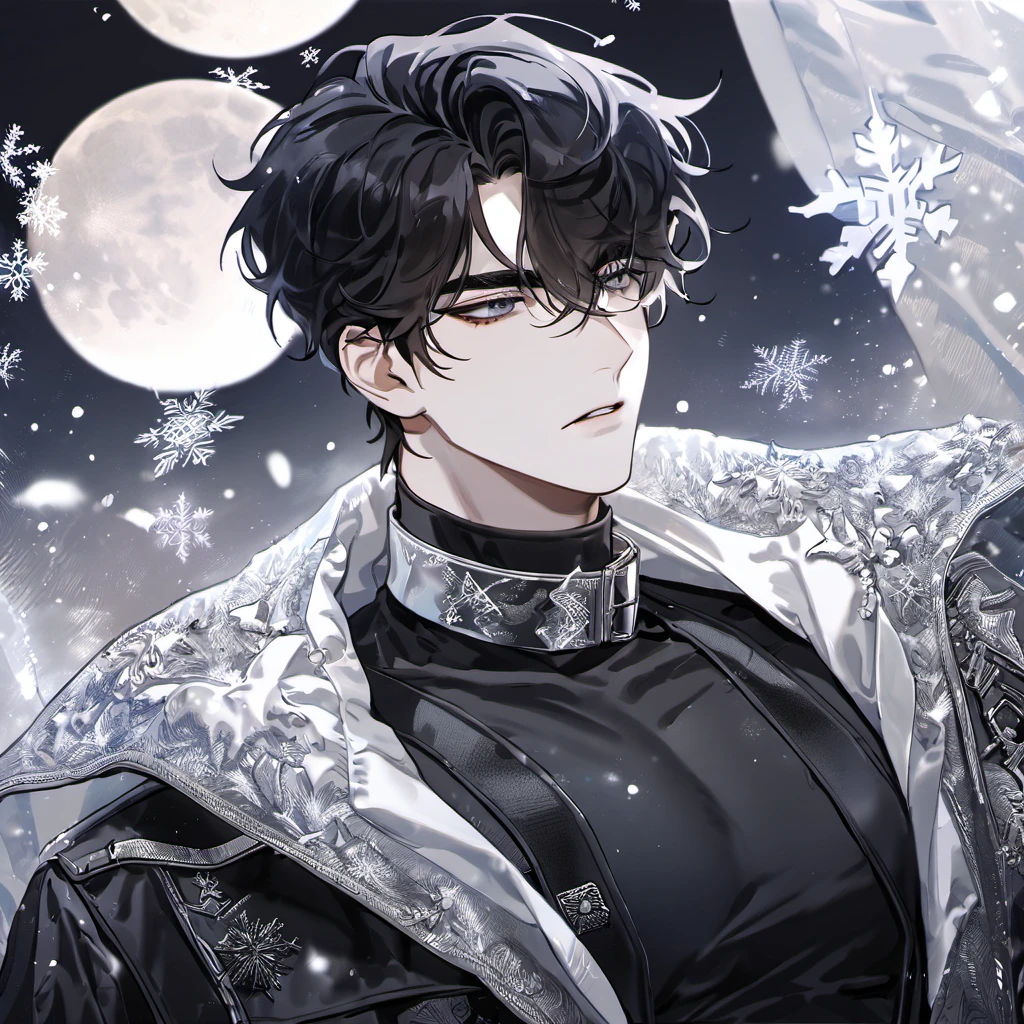 absurdres, highres, ultra detailed, HDR, masterpiece, delicate features, beautiful eyes, detailed eyes, Yoo Joonghyuk, omniscient reader's viewpoint, solo, man, handsome, expressive grey eyes, he has thick eyebrows, his hair is short black and slightly wavy, he usually wears a black coat, under the coat he wears a black tight turtleneck shirt with a silver collar and buckle, a belt across his chest, moon, snowflakes, white butterflies, ice crystals