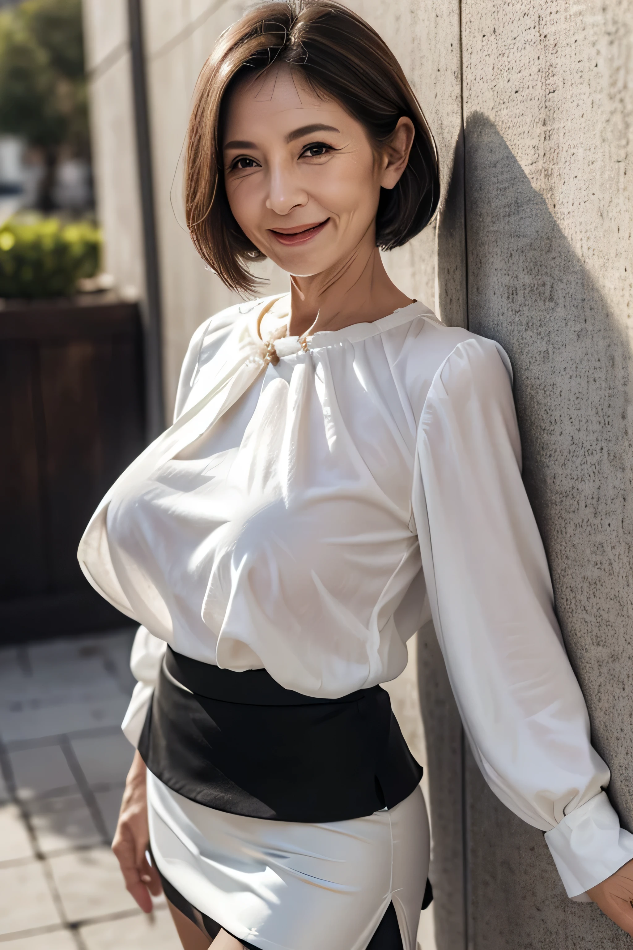 Masterpiece, high quality, ultra realistic, (65yo:1.3),female, bending forward,smile,(face wrinkles:1.4), (white blouse:1.4),(black skirt:1.4),(covered nipples:1.2), (cameltoe:1.1),first person view,(down blouse,:1.2),cyber town,gray hair,walk, Small breasts