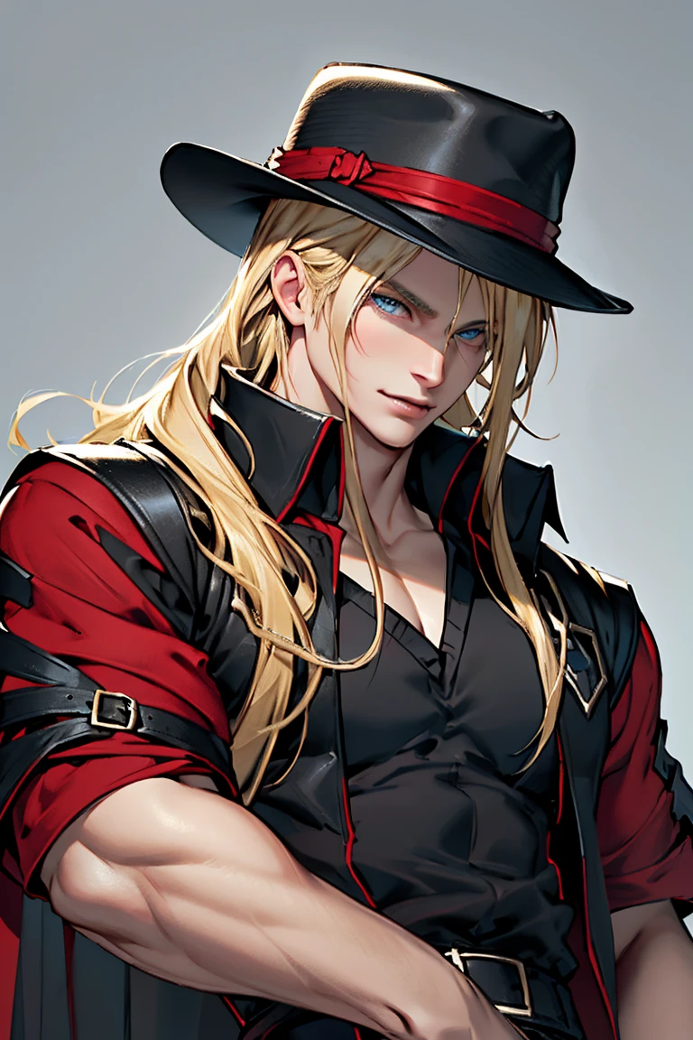 (Masterpiece, hiquality, Best Quality), (((solo))), Mature man,  (((blond length hair))), blue eyes, short blonde hair, ((pale skin)), blue eyes, color background, , black hat, black cape, (((red shirt))), Detailed outfit, Detailed