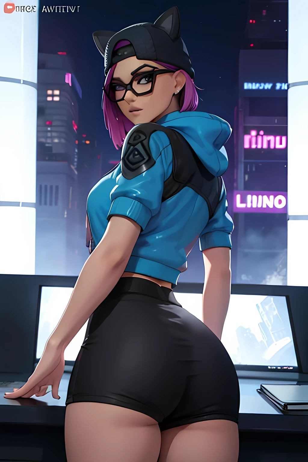 Traje de lino Cyberpunk, Noche, pulsera de picos,gorro de invierno , shorts negro con Azul Marino, chaqueta azul marino ,Extremadamente detallado, rostro detallado, gafas ,hermoso rostro, ojos finos, looking back at the viewer, pose femenino.