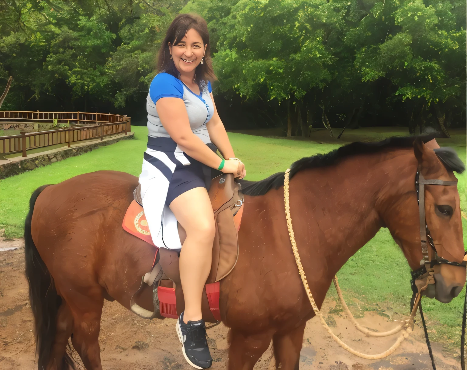 woman sitting on a horse in a field with trees in the background, riding a horse, on horseback, riding a horse, riding a horse, 👰 🏇 ❌ 🍃, with horse led, having fun, riding a prancing horse, profile picture, riding a black horse, shapely woman, adult woman, detailed body, beautiful face, full body, full photo, tanned supermodel, beautiful eyes, perfect face, medium breasts, 39 year old woman, big hips, HDR, well lit, photoreal , detailed hands, realistic hands, 5 fingers per hand, solo, dark hair, gray blouse with blue collars, black shorts, Full body photo, clear and high quality photo. Beautiful woman, extremely sexy, very sensual. Masterpiece: 1.3, high resolution, (photographically realistic), 8k, NUDE, NUDITY, NFSW